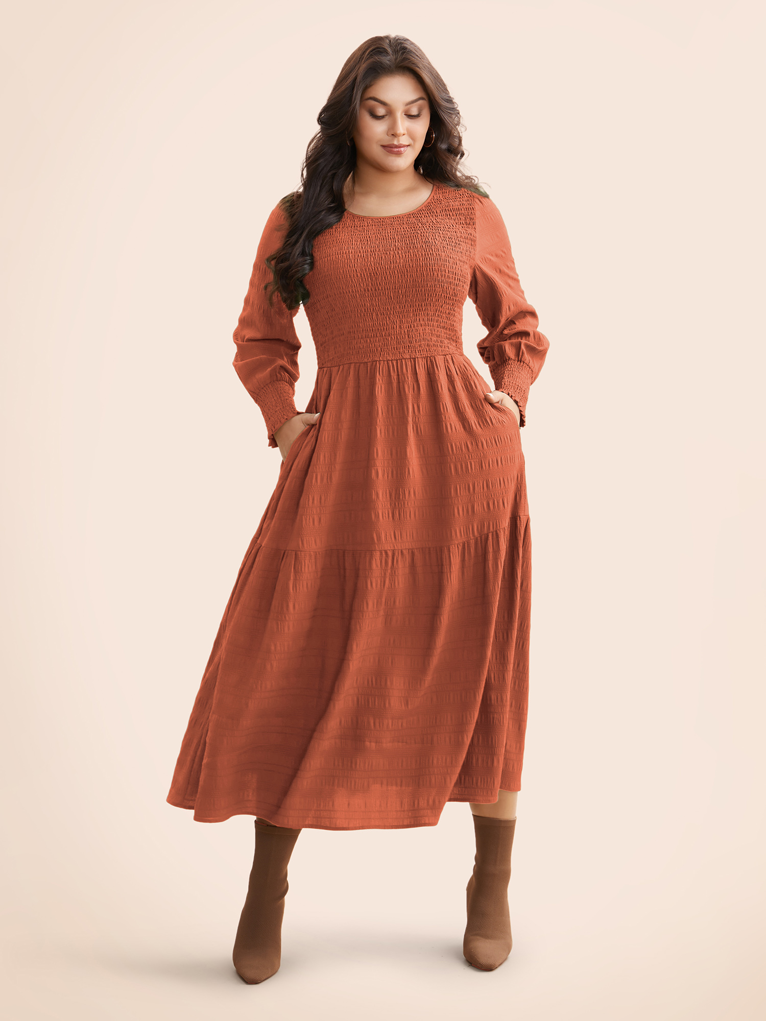 

Plus Size Plain Textured Shirred Midi Dress Rust Women Elegant Texture Round Neck Long Sleeve Curvy BloomChic