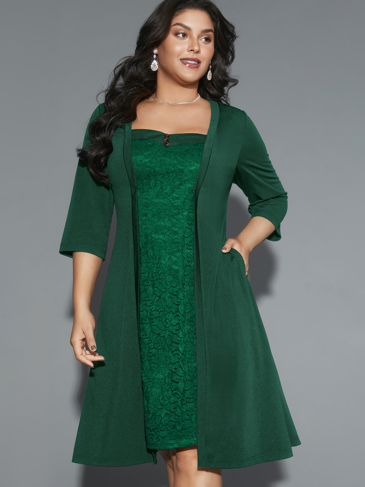 

Plus Size Lace Heart Neckline Pocket Midi Dress DarkGreen Women Cocktail Texture Party Curvy Bloomchic