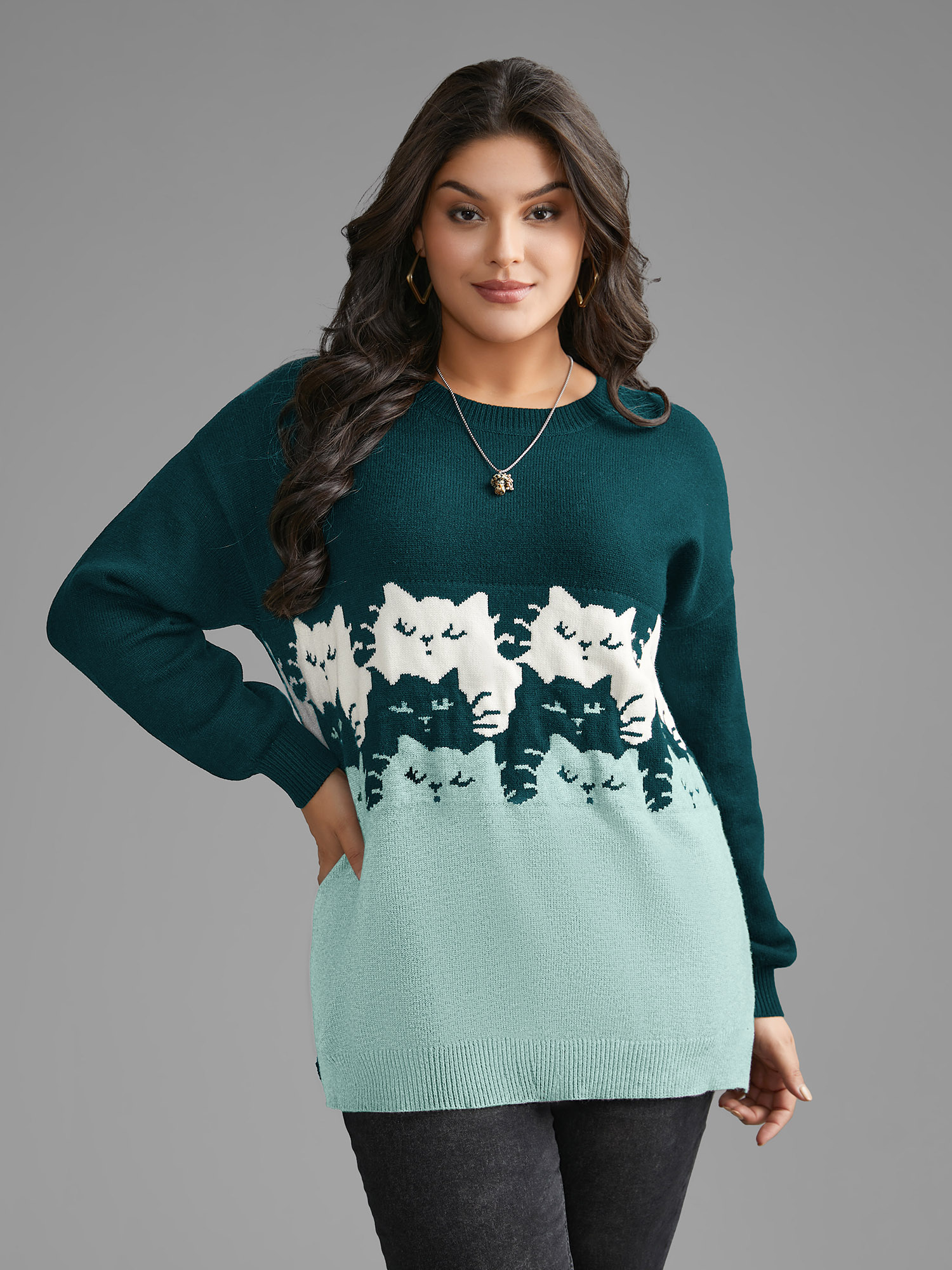 

Plus Size Cat Contrast Drop Shoulder Pullover Cyan Women Casual Loose Long Sleeve Round Neck Everyday Pullovers BloomChic