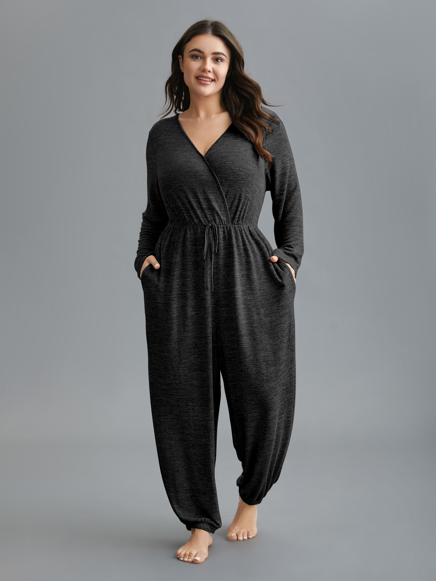 

Plus Size Elastic Waist Overlap Collar Lounge Jumpsuit Black  Bloomchic