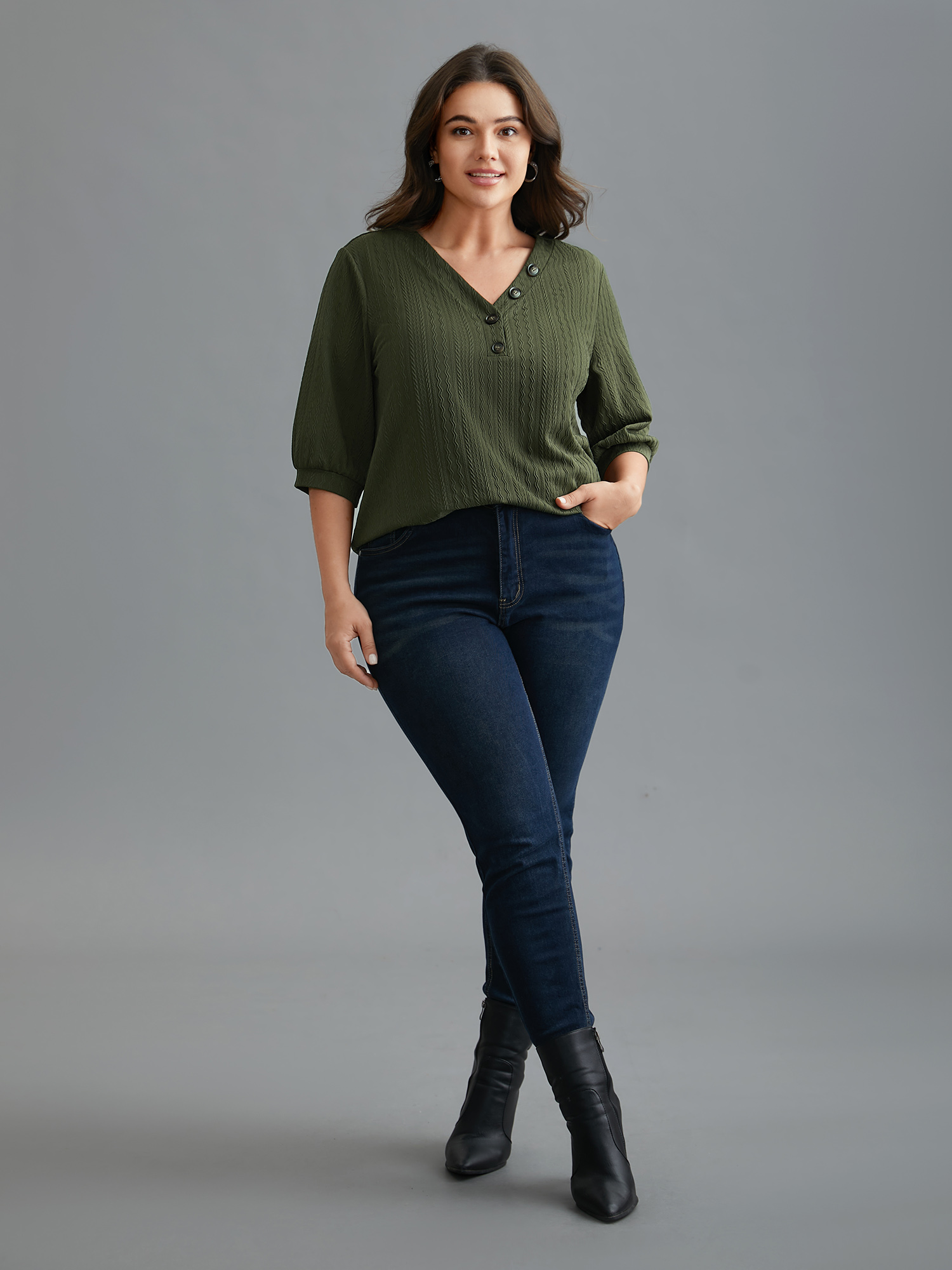 

Plus Size Plain Knit Texture Gathered Top ArmyGreen V-neck Elbow-length sleeve Elegant Jersey Tops