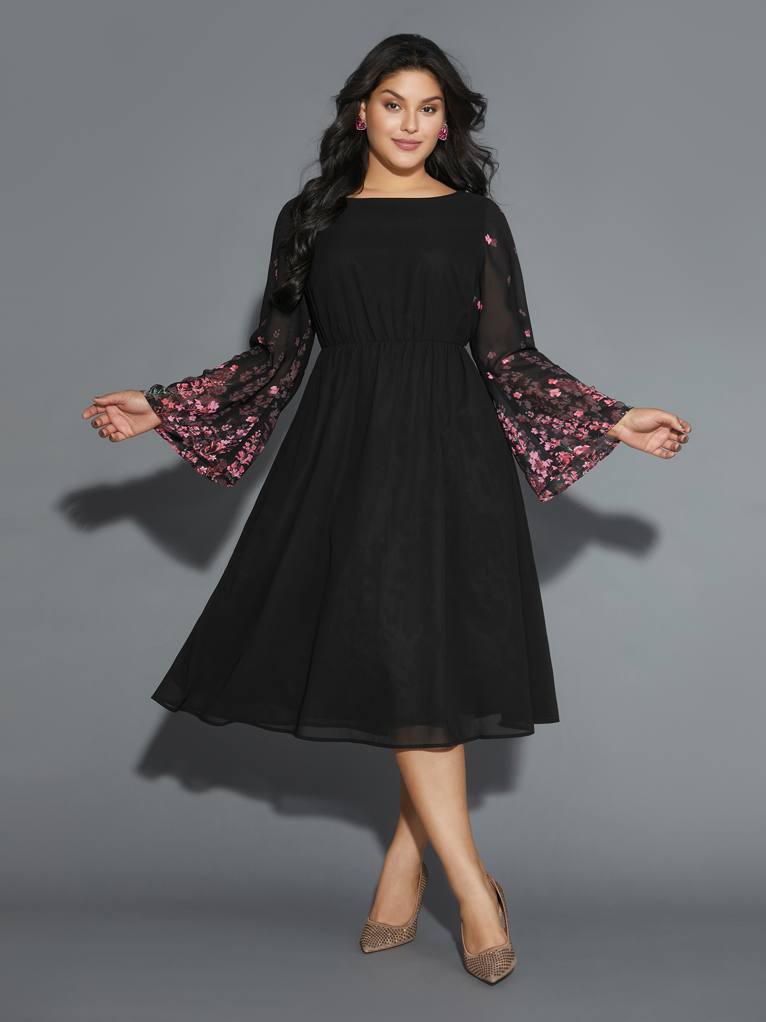 

Plus Size Floral Mesh Bell Sleeve Boat Neck Dress Black Women Cocktail See through Boat Neck Long Sleeve Curvy BloomChic