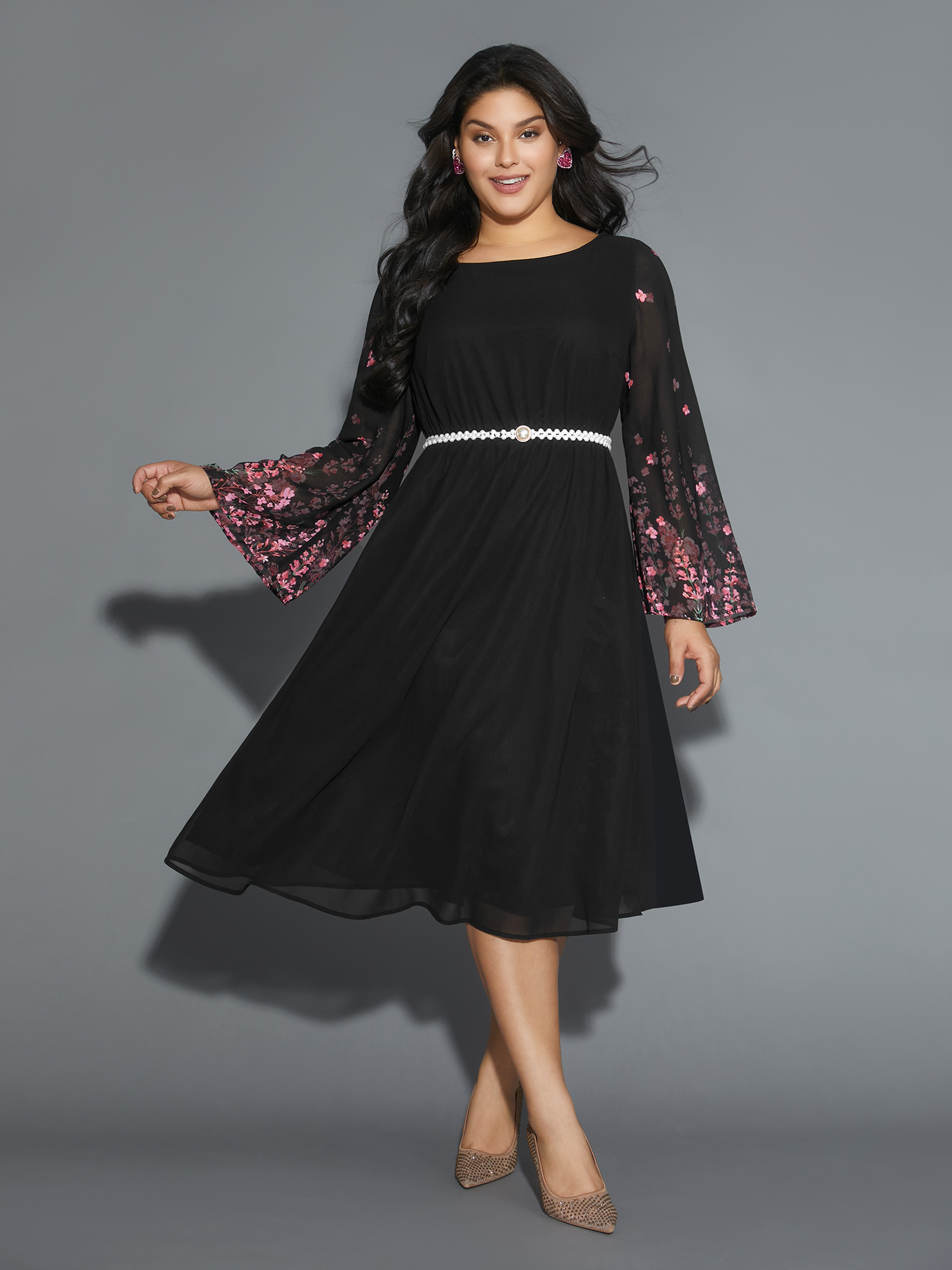 

Plus Size Floral Mesh Bell Sleeve Boat Neck Dress Black Women Cocktail See through Boat Neck Long Sleeve Curvy BloomChic