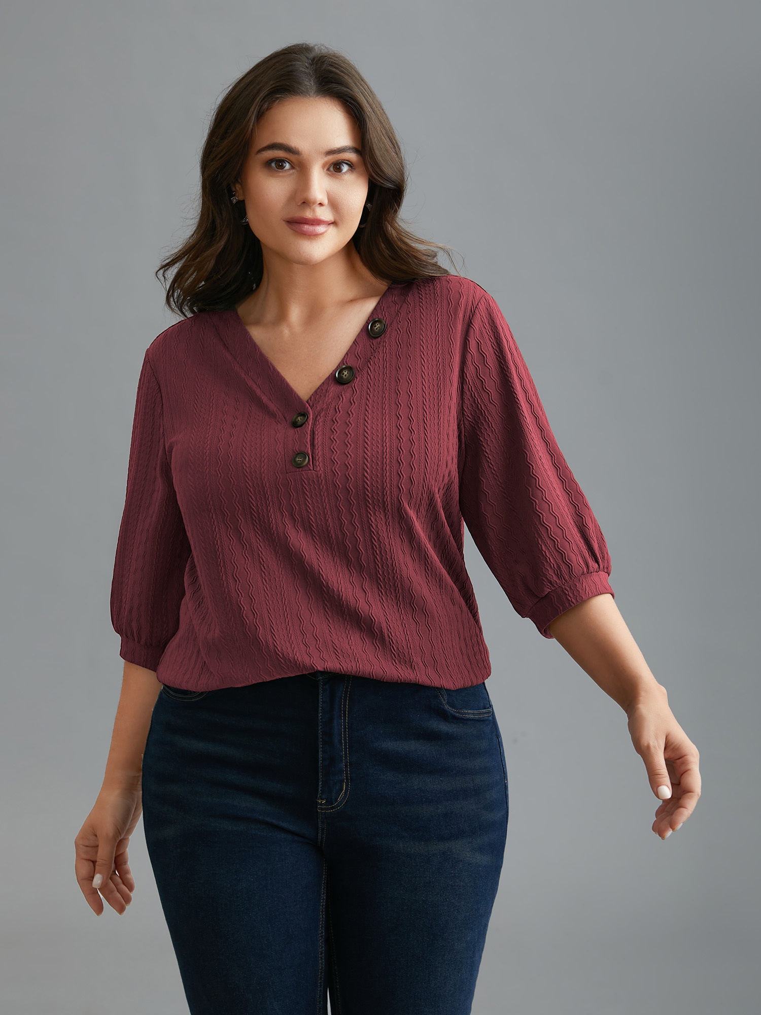 

Plus Size Plain Knit Texture Gathered Top Scarlet V-neck Elbow-length sleeve Elegant Jersey Tops