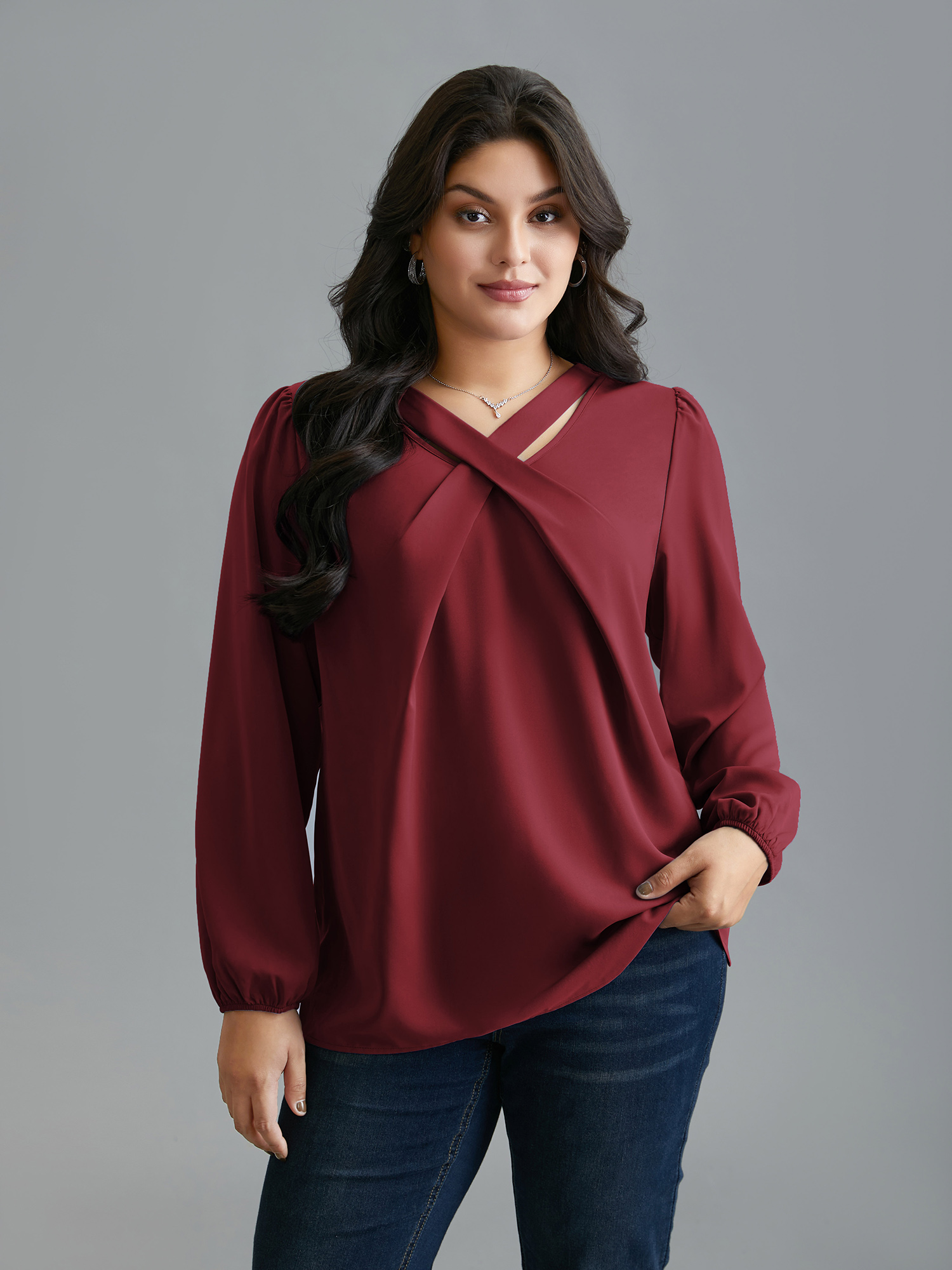 

Plus Size Burgundy Criss Cross Neckline Puff Sleeve Gathered Blouse Women Elegant Long Sleeve Asymmetrical Neck Everyday Blouses BloomChic