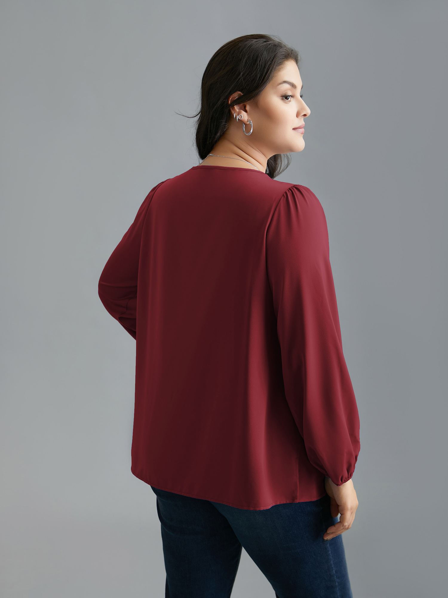 

Plus Size Burgundy Criss Cross Neckline Puff Sleeve Gathered Blouse Women Elegant Long Sleeve Asymmetrical Neck Everyday Blouses BloomChic