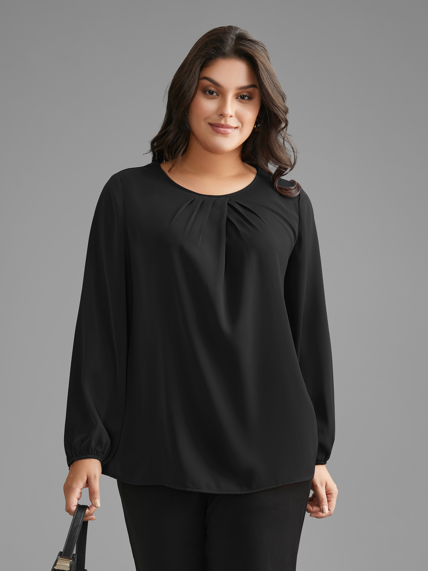 

Plus Size Black Solid Crew Neck Lantern Sleeve Blouse Women At the Office Long Sleeve Round Neck Work Blouses BloomChic