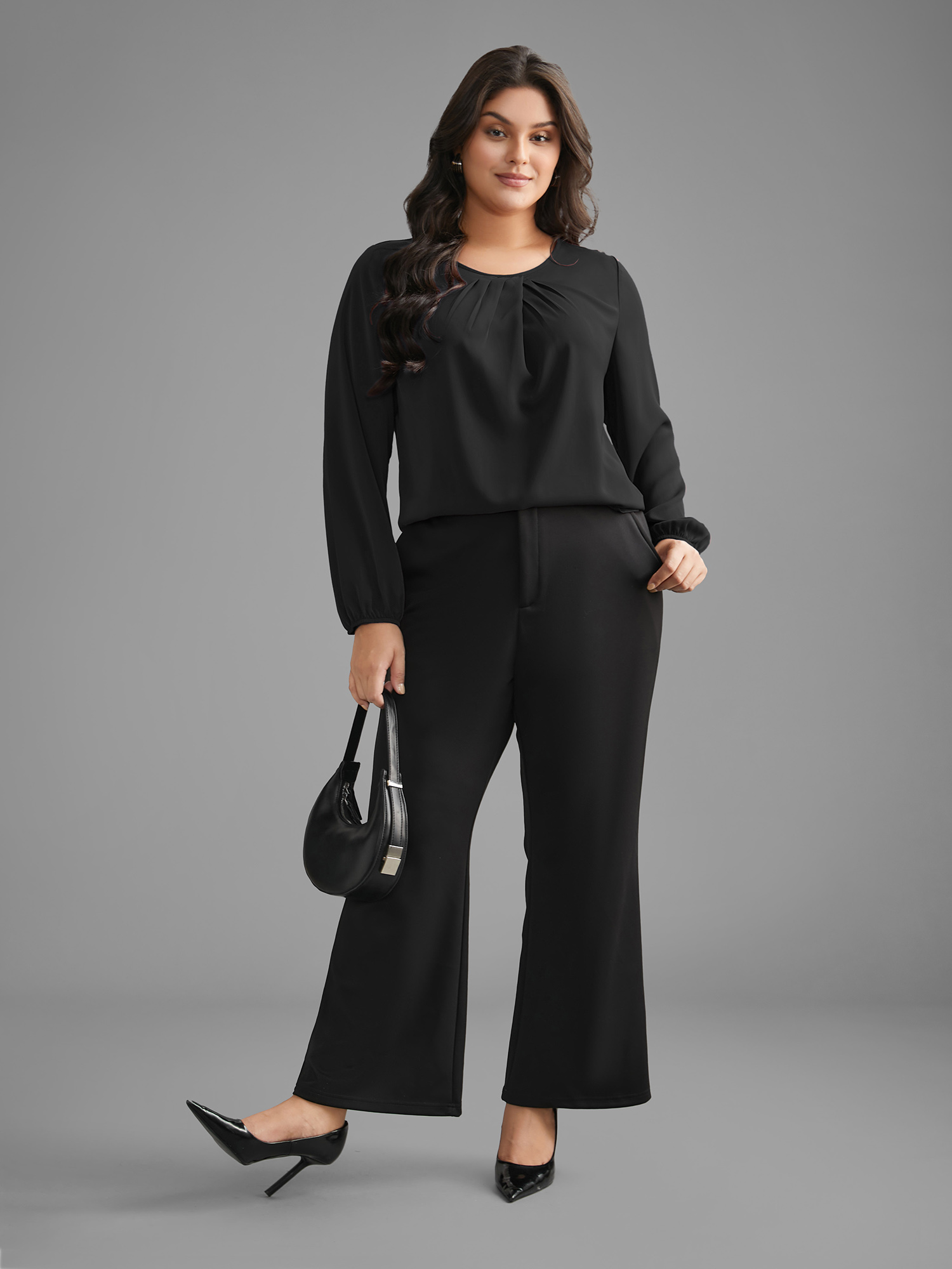 Plus Size Black Solid Crew Neck Lantern Sleeve Blouse Women At the Office Long Sleeve Round Neck Work Blouses BloomChic 26/4X 