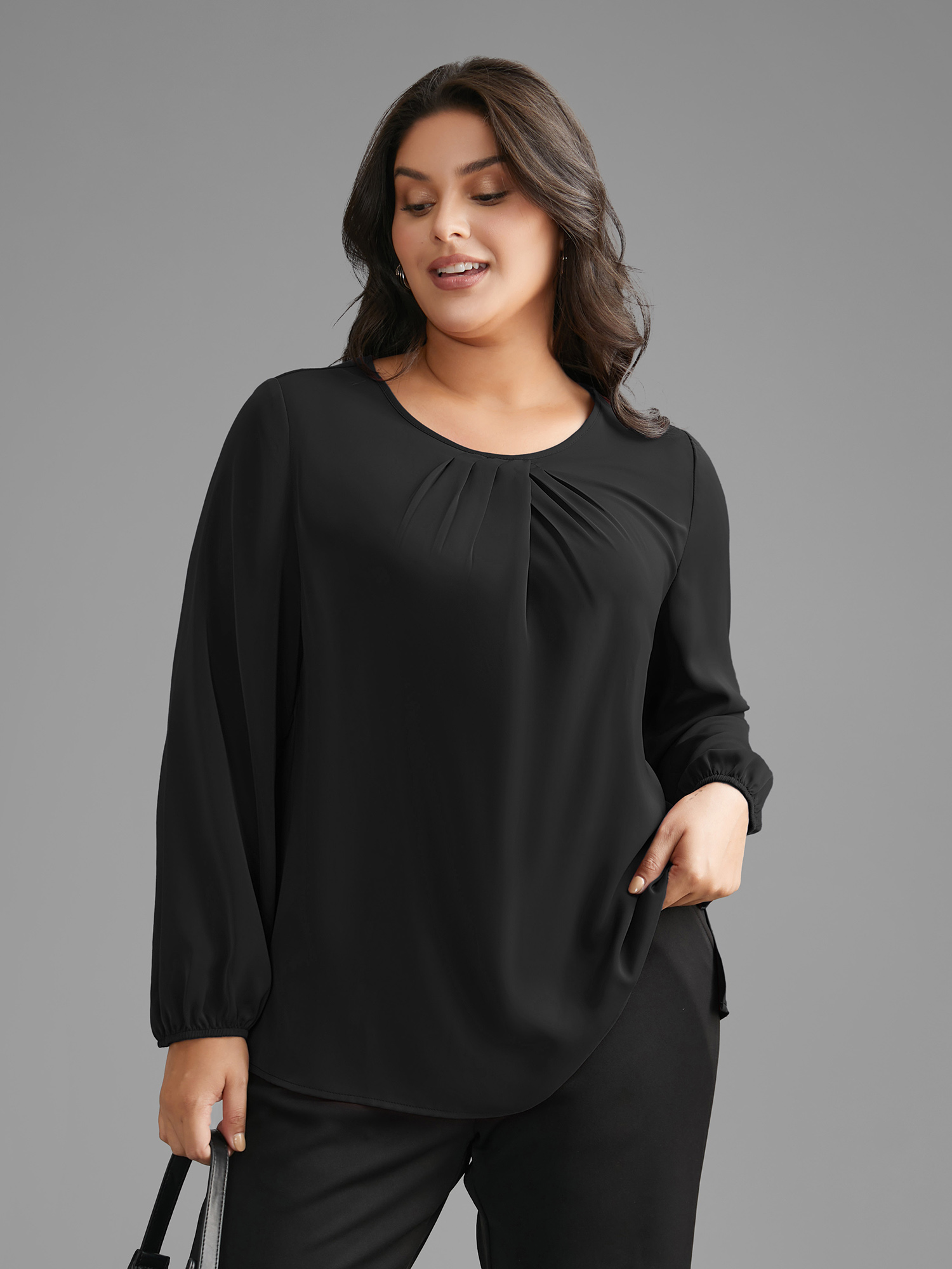 Plus Size Black Solid Crew Neck Lantern Sleeve Blouse Women At the Office Long Sleeve Round Neck Work Blouses BloomChic 26/4X 
