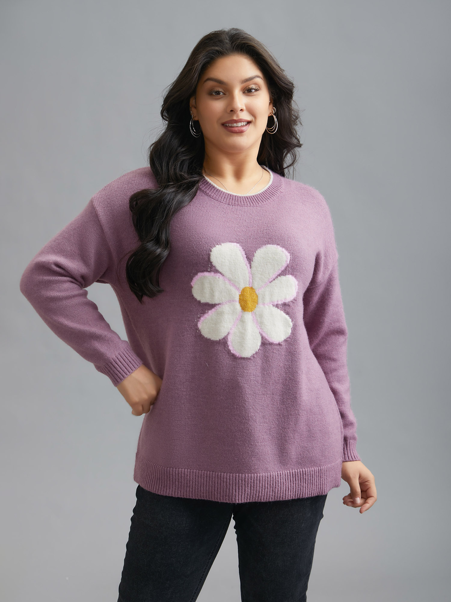 

Plus Size Floral Textured Crew Neck Pullover Lilac Women Casual Loose Long Sleeve Round Neck Everyday Pullovers BloomChic