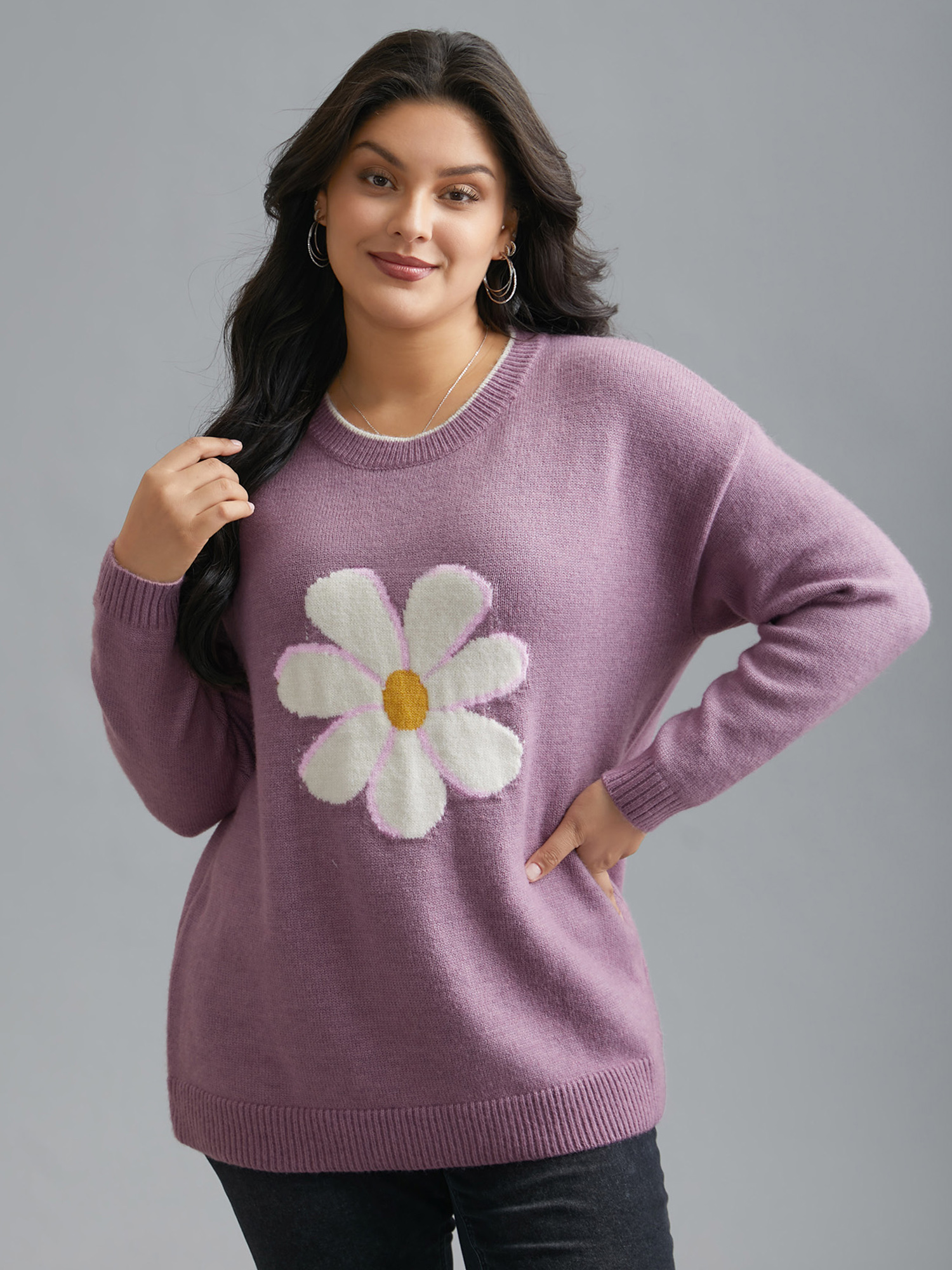 

Plus Size Floral Textured Crew Neck Pullover Lilac Women Casual Loose Long Sleeve Round Neck Everyday Pullovers BloomChic