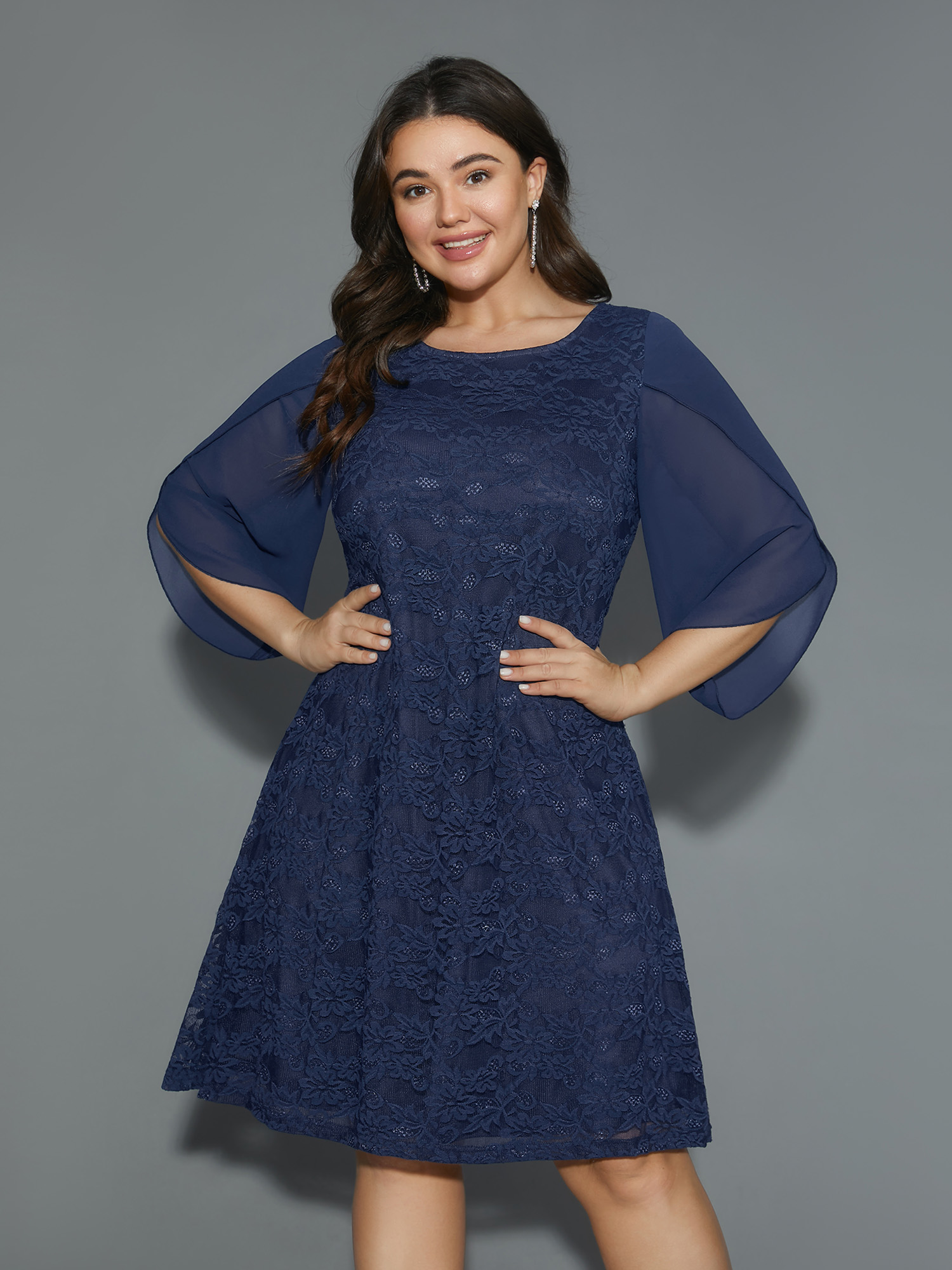 

Plus Size Textured Patchwork Petal Sleeve Dress DarkBlue Women Cocktail Woven ribbon&lace trim Party Curvy Bloomchic