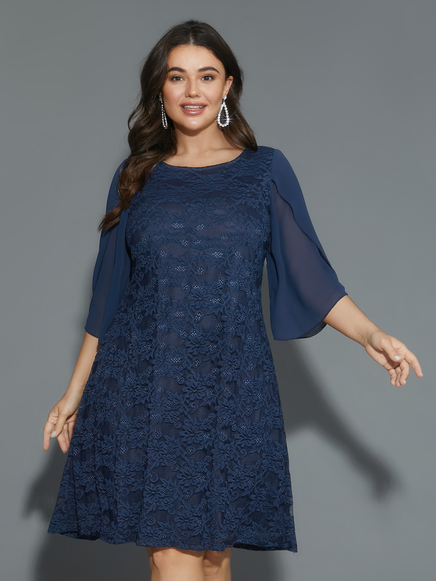 

Plus Size Textured Patchwork Petal Sleeve Dress DarkBlue Women Cocktail Woven ribbon&lace trim Party Curvy Bloomchic