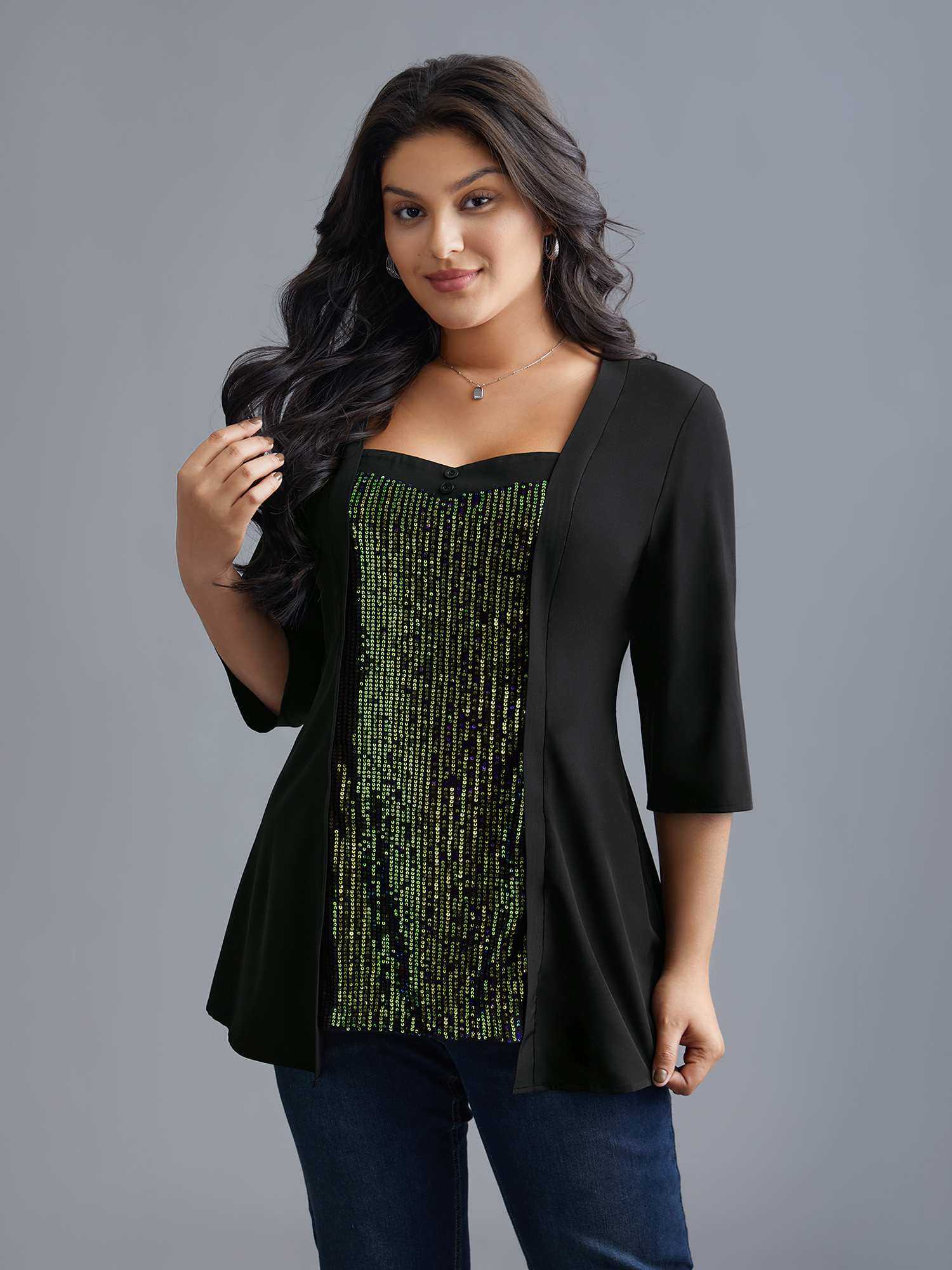 

Plus Size Heart Neckline Patchwork Button Detail Top Black Elbow-length sleeve Heart neckline Elegant Knit Tops  Bloomchic