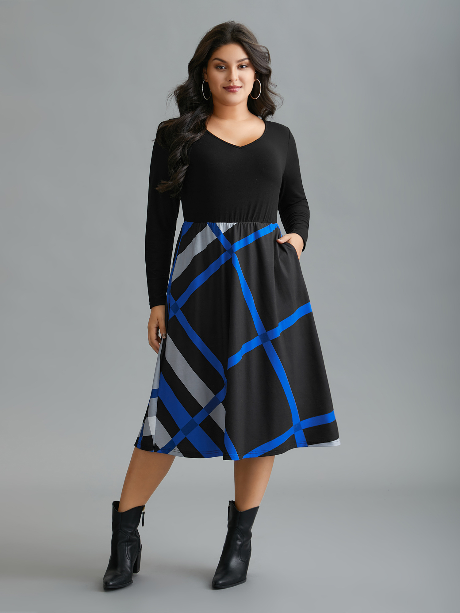 

Plus Size Crew Neck Colorblock Contrast Striped Pocket Dress Black Women Casual Patchwork Knit Dresses Bloomchic