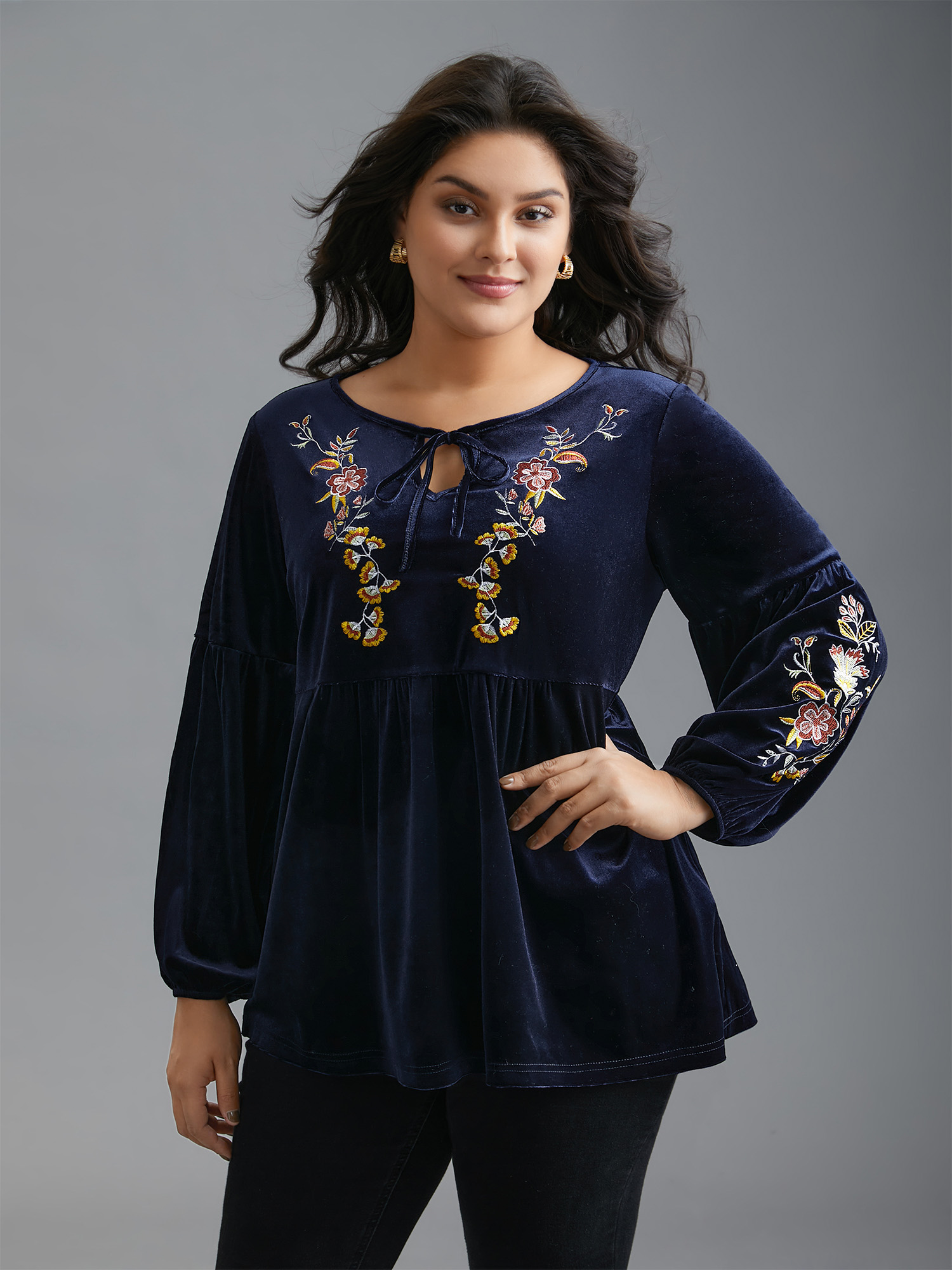 

Plus Size Indigo Floral Embroidered Velvet Tie Knot Blouse Women Elegant Long Sleeve V-neck Everyday Blouses BloomChic