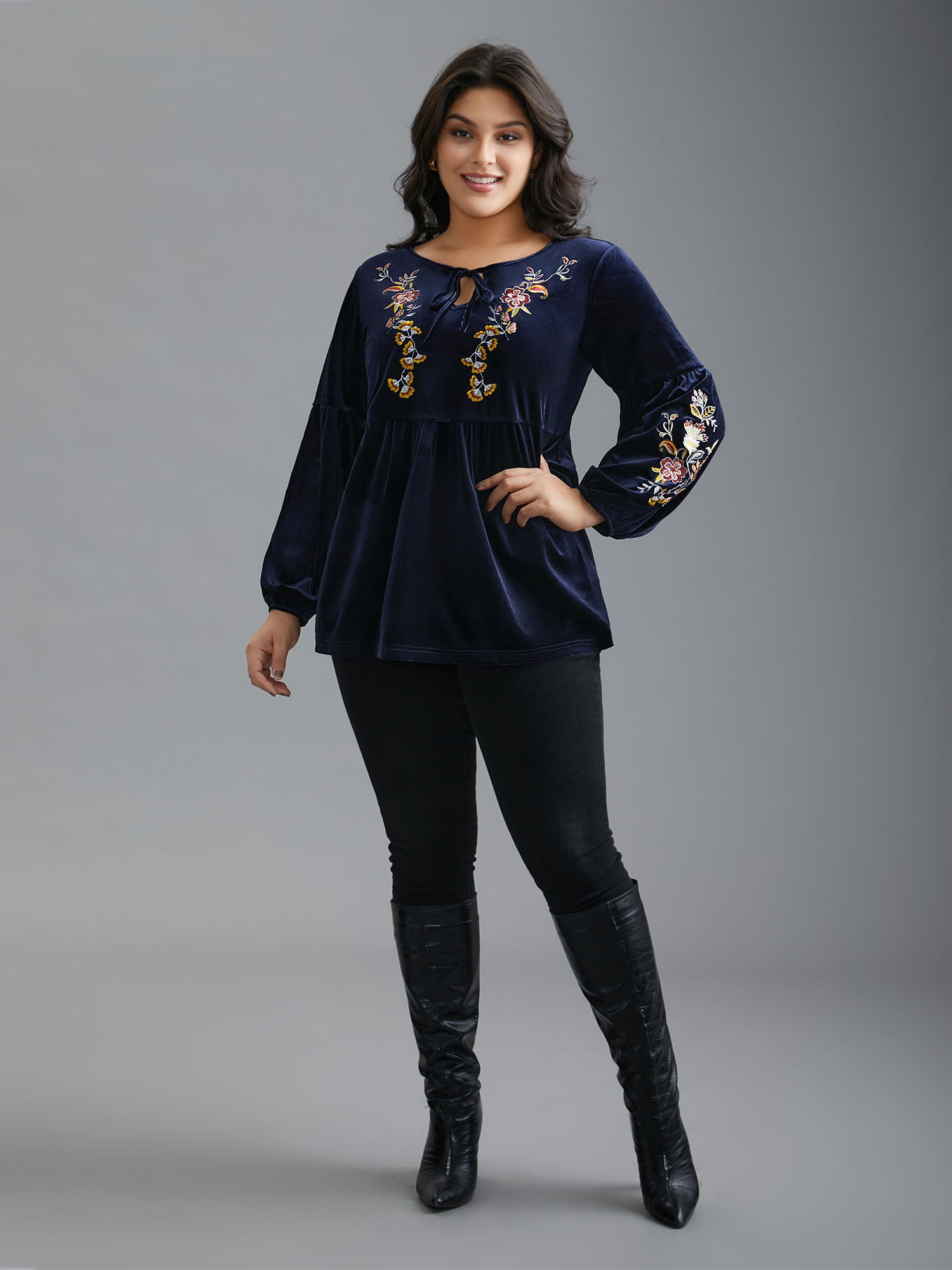 

Plus Size Indigo Floral Embroidered Velvet Tie Knot Blouse Women Elegant Long Sleeve V-neck Everyday Blouses BloomChic