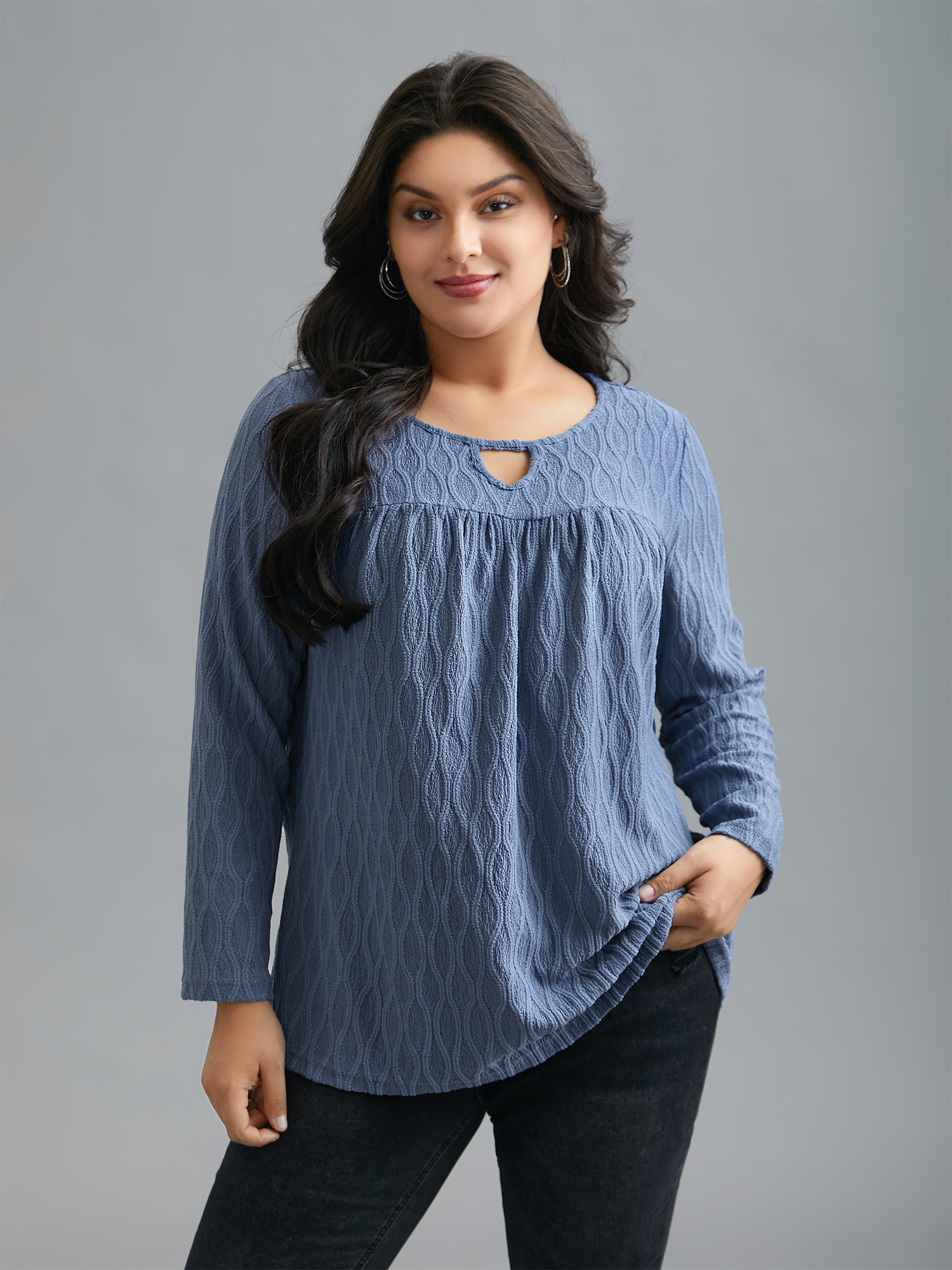 

Plus Size Textured Keyhole Gathered Knit Top Stone Round Neck Long Sleeve Elegant Jersey Tops