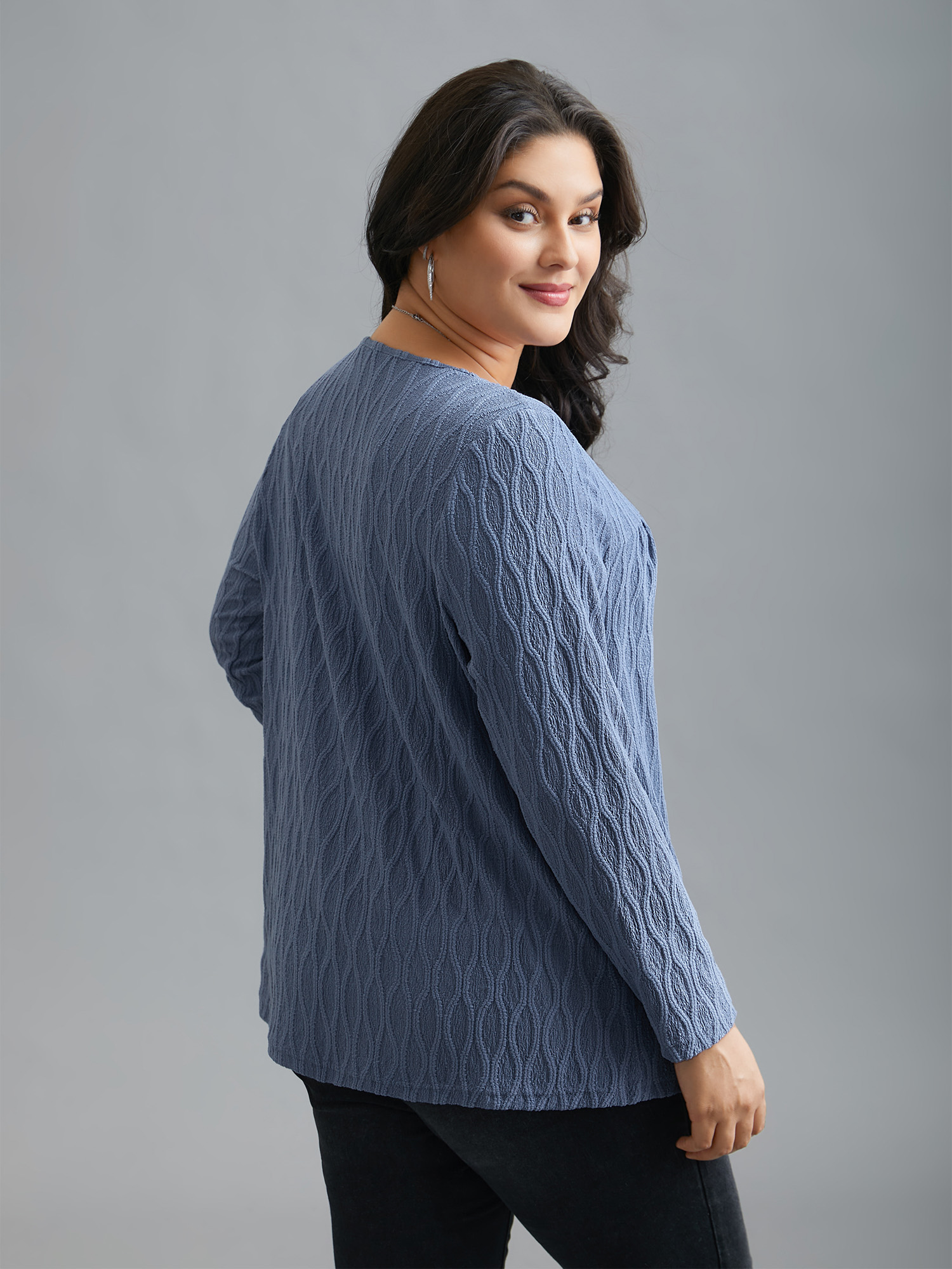 

Plus Size Textured Keyhole Gathered Knit Top Stone Round Neck Long Sleeve Elegant Jersey Tops