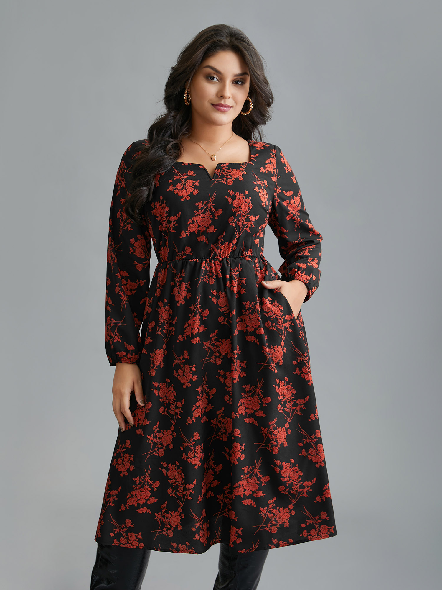 

Plus Size Silhouette Floral Print Notched Dress Black Women Elegant Non Notched collar Long Sleeve Curvy BloomChic