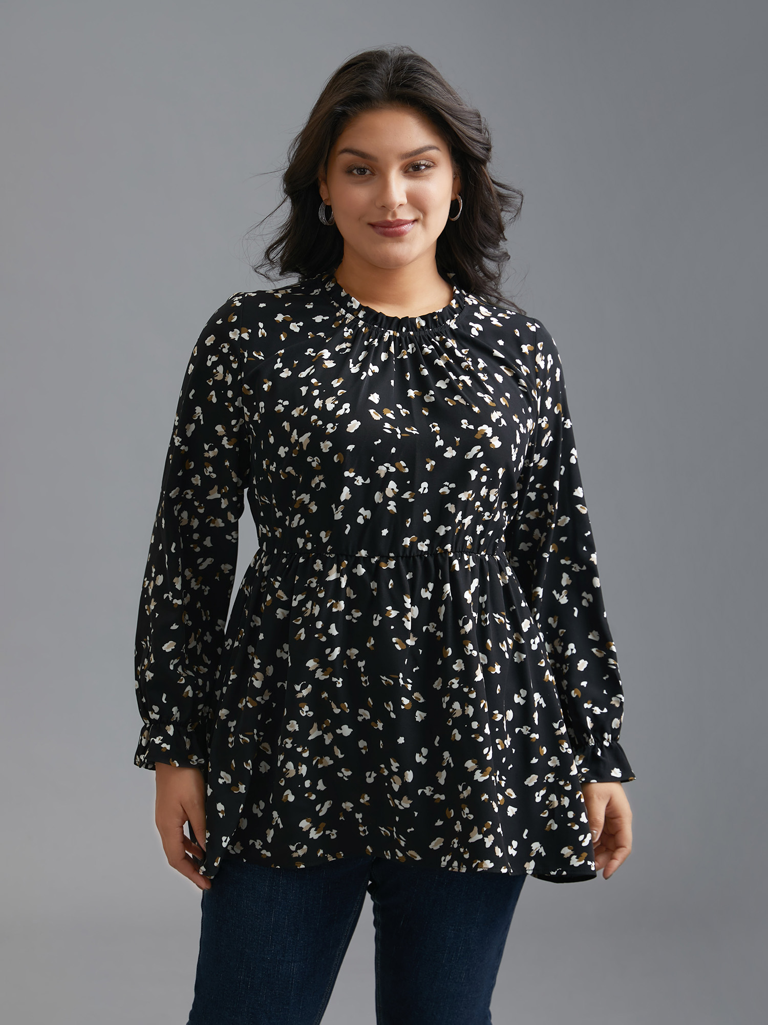 

Plus Size Black Color Leopard Print Frill Trim Blouse Women Elegant Long Sleeve Round Neck Everyday Blouses BloomChic