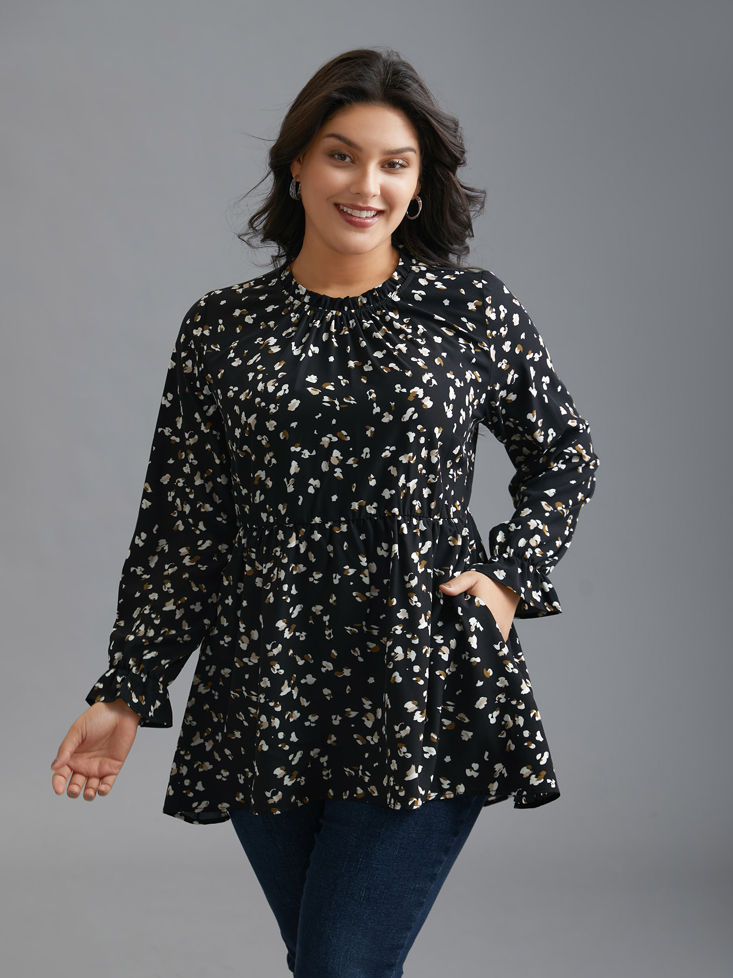 

Plus Size Black Color Leopard Print Frill Trim Blouse Women Elegant Long Sleeve Round Neck Everyday Blouses BloomChic