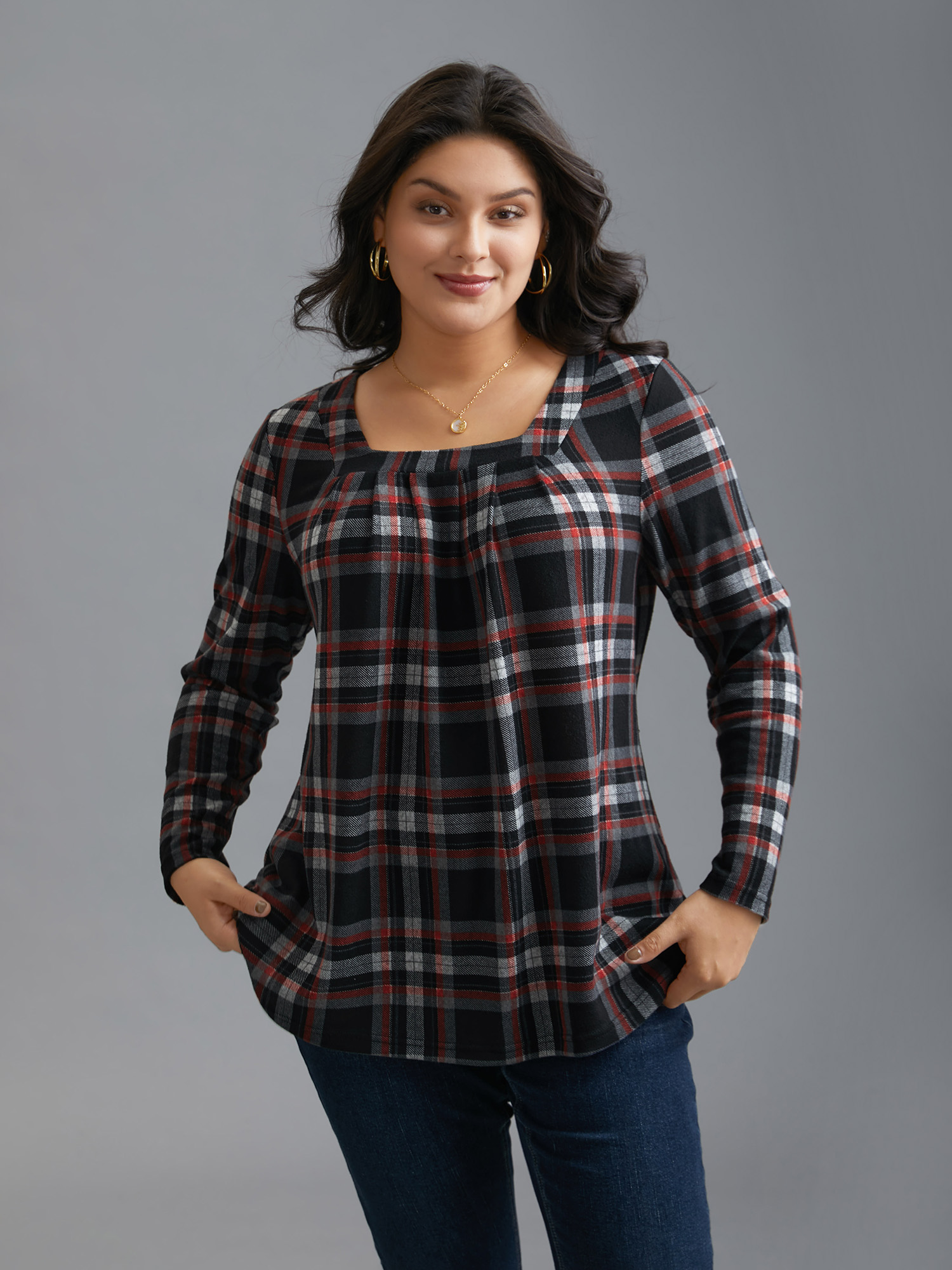 

Plus Size Plaid Pleated Square Neckline Knit Top Scarlet Square Neck Long Sleeve Elegant Jersey Tops