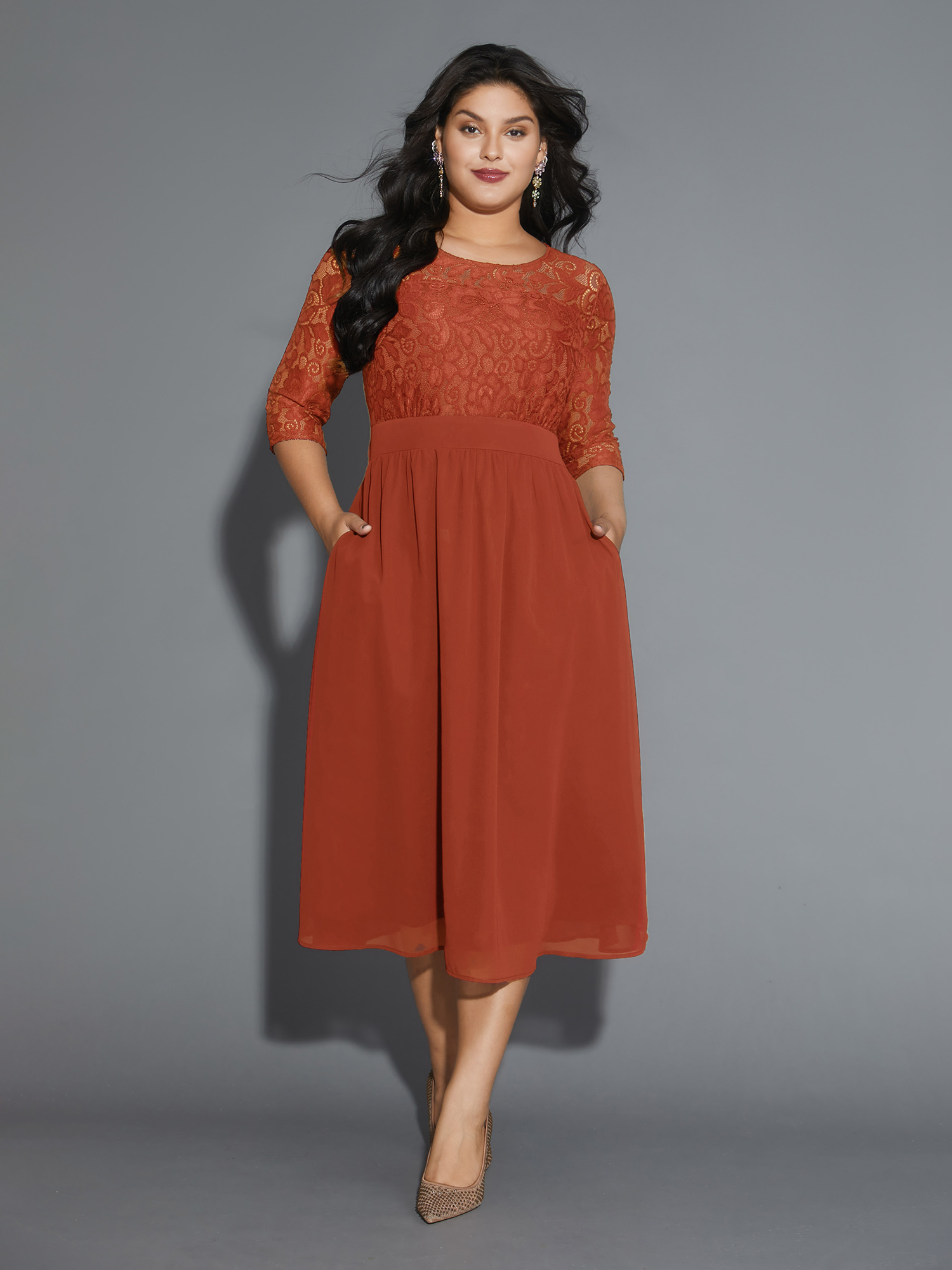 

Plus Size Lace Patchwork Shirred Midi Pocket Dress OrangeRed Women Cocktail Woven ribbon&lace trim Round Neck Elbow-length sleeve Curvy BloomChic