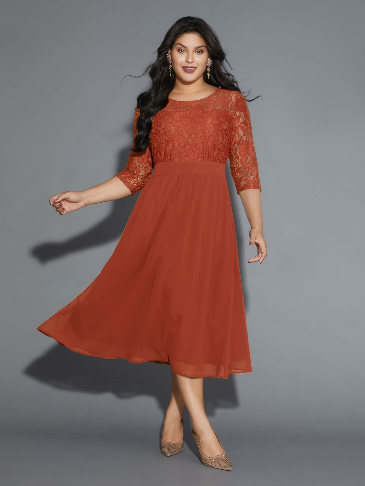 Plus Size Lace Patchwork Shirred Midi Pocket Dress OrangeRed Women Cocktail Woven ribbon&lace trim Round Neck Elbow-length sleeve Curvy BloomChic 22-24/3X 