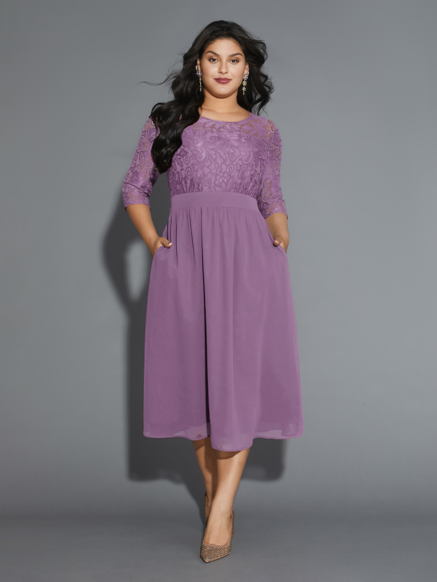 

Plus Size Lace Patchwork Shirred Midi Pocket Dress Lavender Women Cocktail Woven ribbon&lace trim Round Neck Elbow-length sleeve Curvy BloomChic