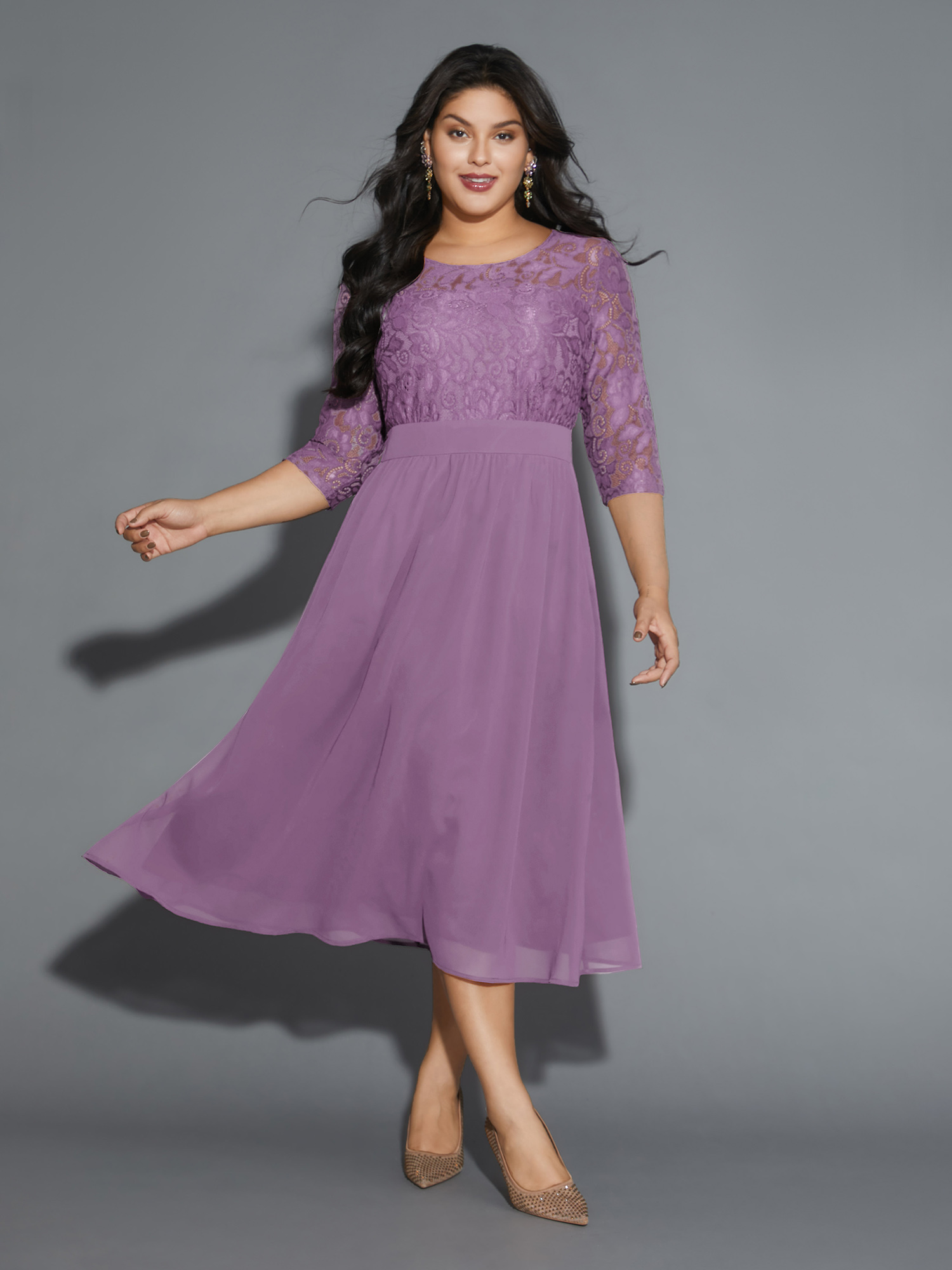 Plus Size Lace Patchwork Shirred Midi Pocket Dress Lavender Women Cocktail Woven ribbon&lace trim Round Neck Elbow-length sleeve Curvy BloomChic 28/5X 