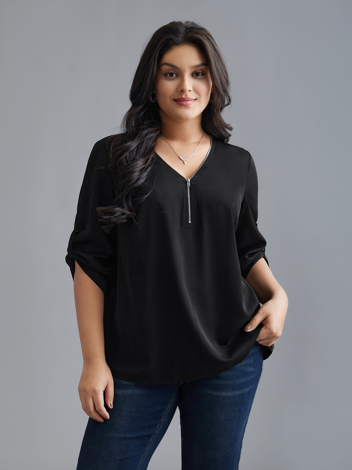 

Plus Size Black Plain V Neck Half Zip Tab Sleeve Blouse Women Elegant Elbow-length sleeve V-neck Everyday Blouses BloomChic