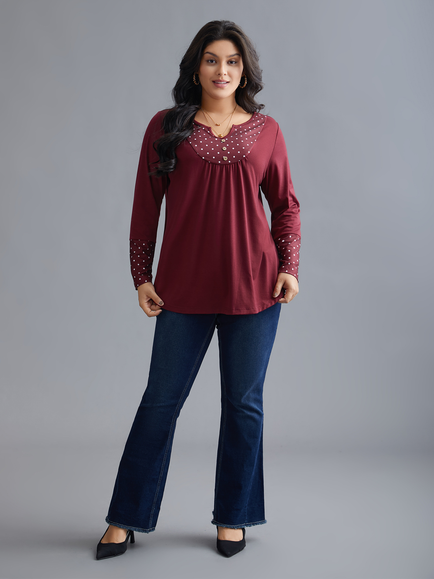 

Plus Size Notched Button Detail Polka Dot Patchwork T-shirt Burgundy Flat collar with V-notch Extra Long Sleeve Elegant Jersey Tops