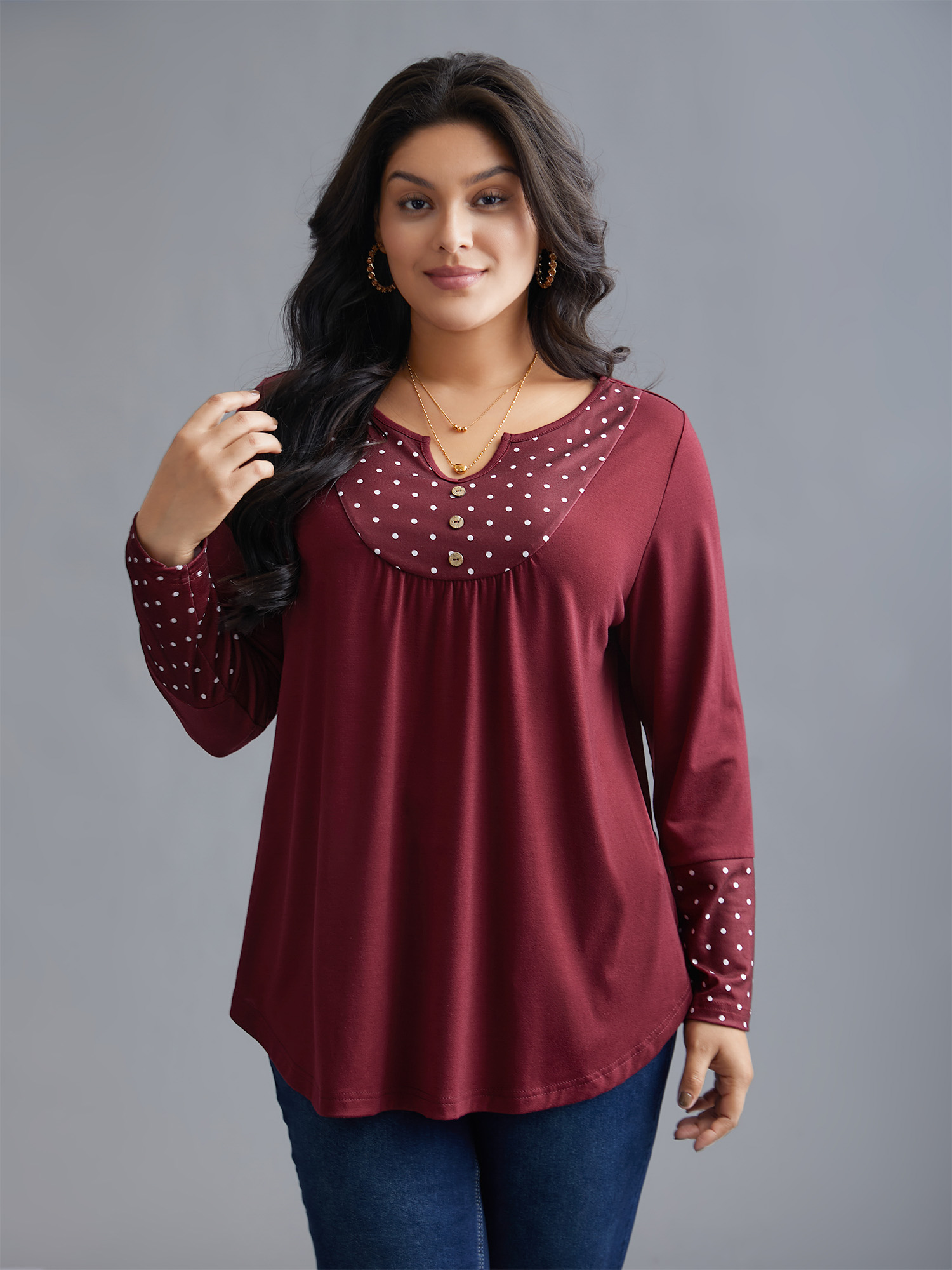 

Plus Size Notched Button Detail Polka Dot Patchwork T-shirt Burgundy Flat collar with V-notch Extra Long Sleeve Elegant Jersey Tops