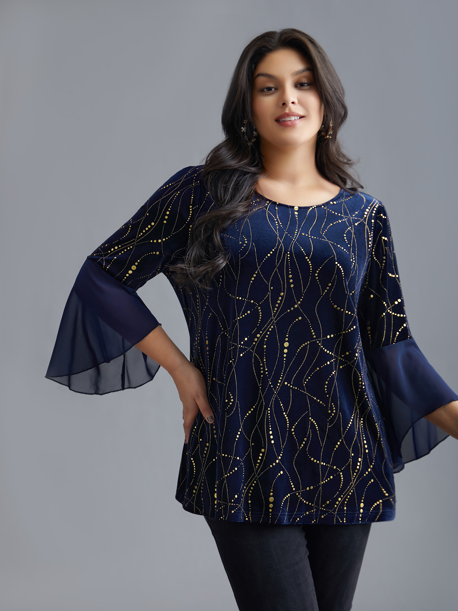 

Plus Size Indigo Velvet Glitter Mesh Bell Sleeve Patchwork Blouse Women Cocktail Elbow-length sleeve Round Neck Party Blouses BloomChic