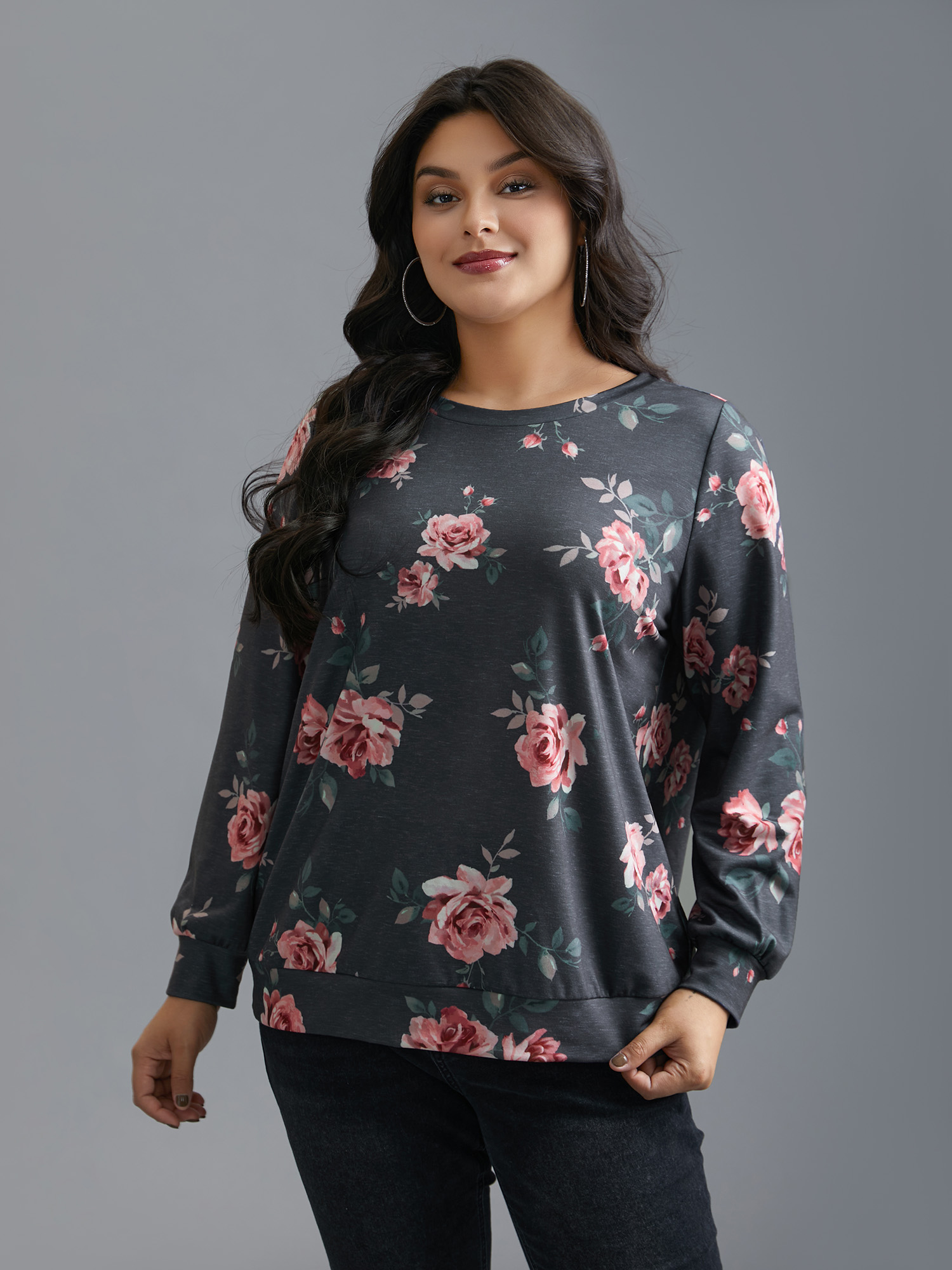 

Plus Size Stretchy Floral Paint Sweatshirt Women BlackFlower Casual Contrast Round Neck Everyday Sweatshirts BloomChic