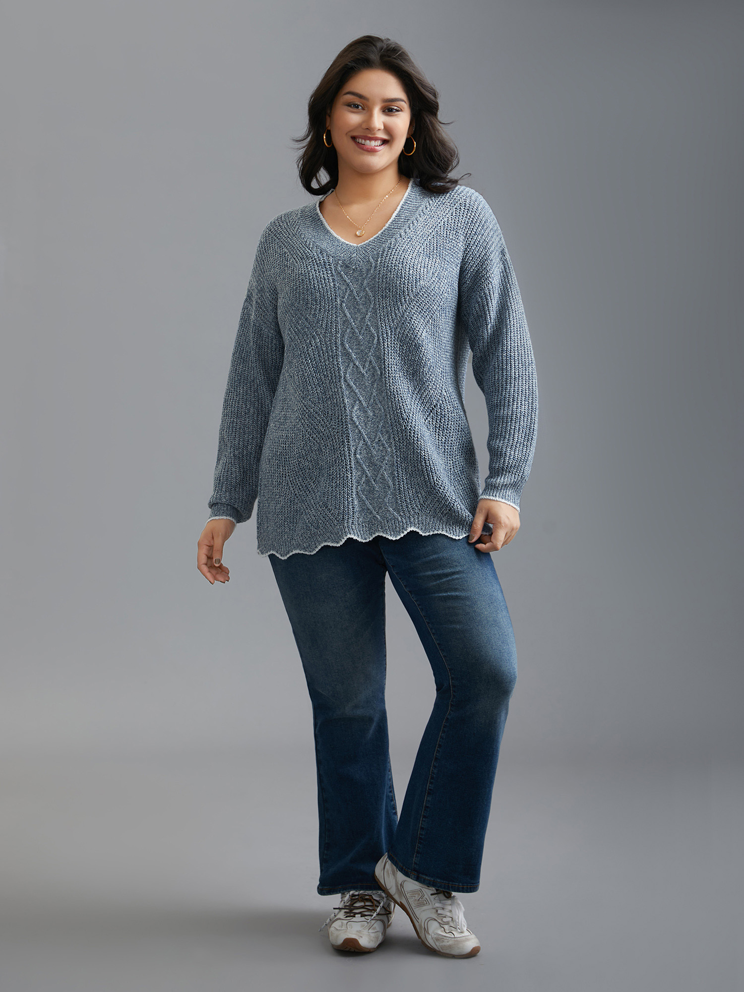 

Plus Size Plain Textured Contrast Trim Cable Knit Pullover LightBlue Women Casual Loose Long Sleeve V-neck Everyday Pullovers BloomChic