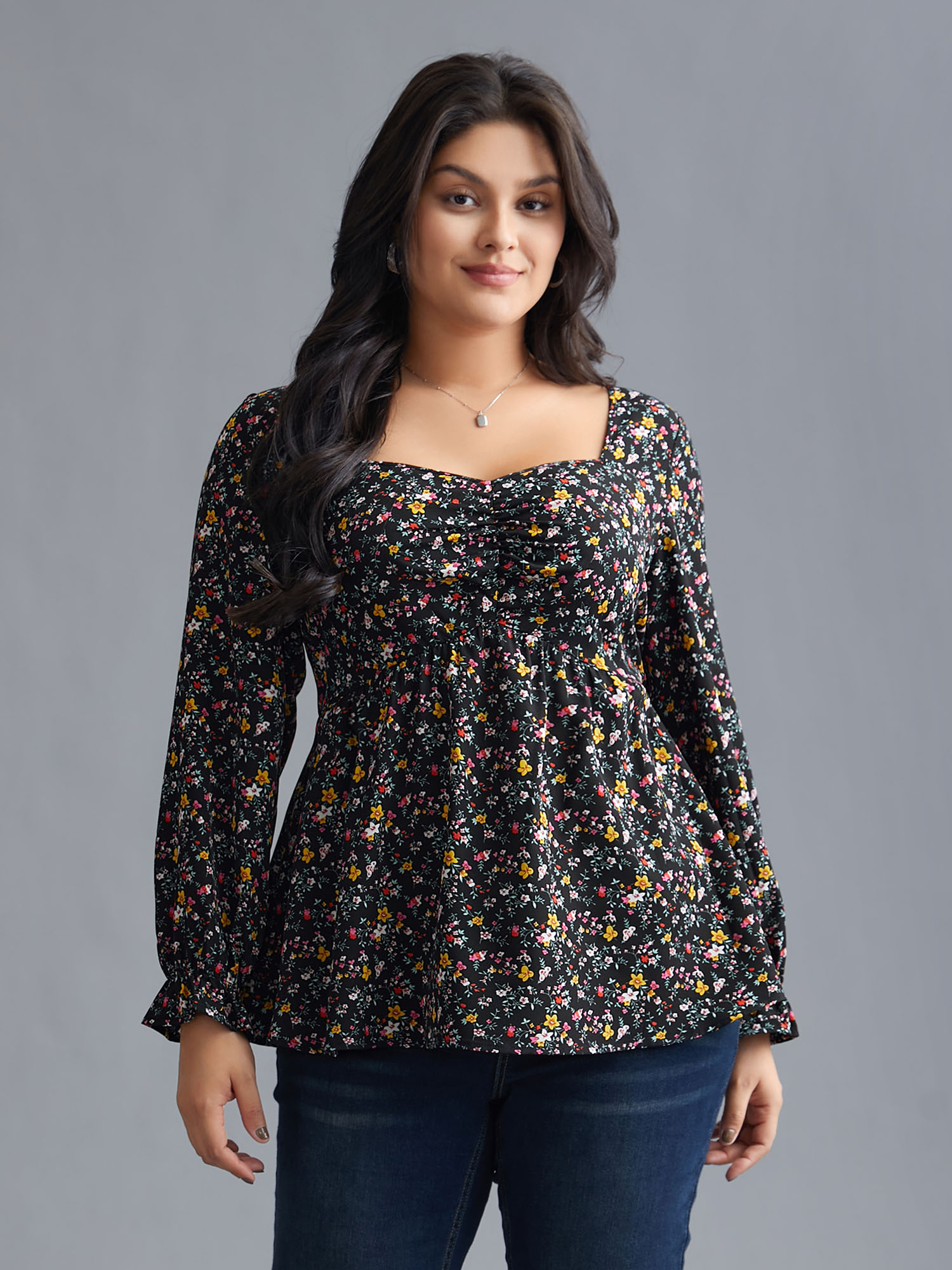 

Plus Size Black Ditsy Floral Heart Neckline Gathered Blouse Women Elegant Long Sleeve Heart neckline Everyday Blouses BloomChic