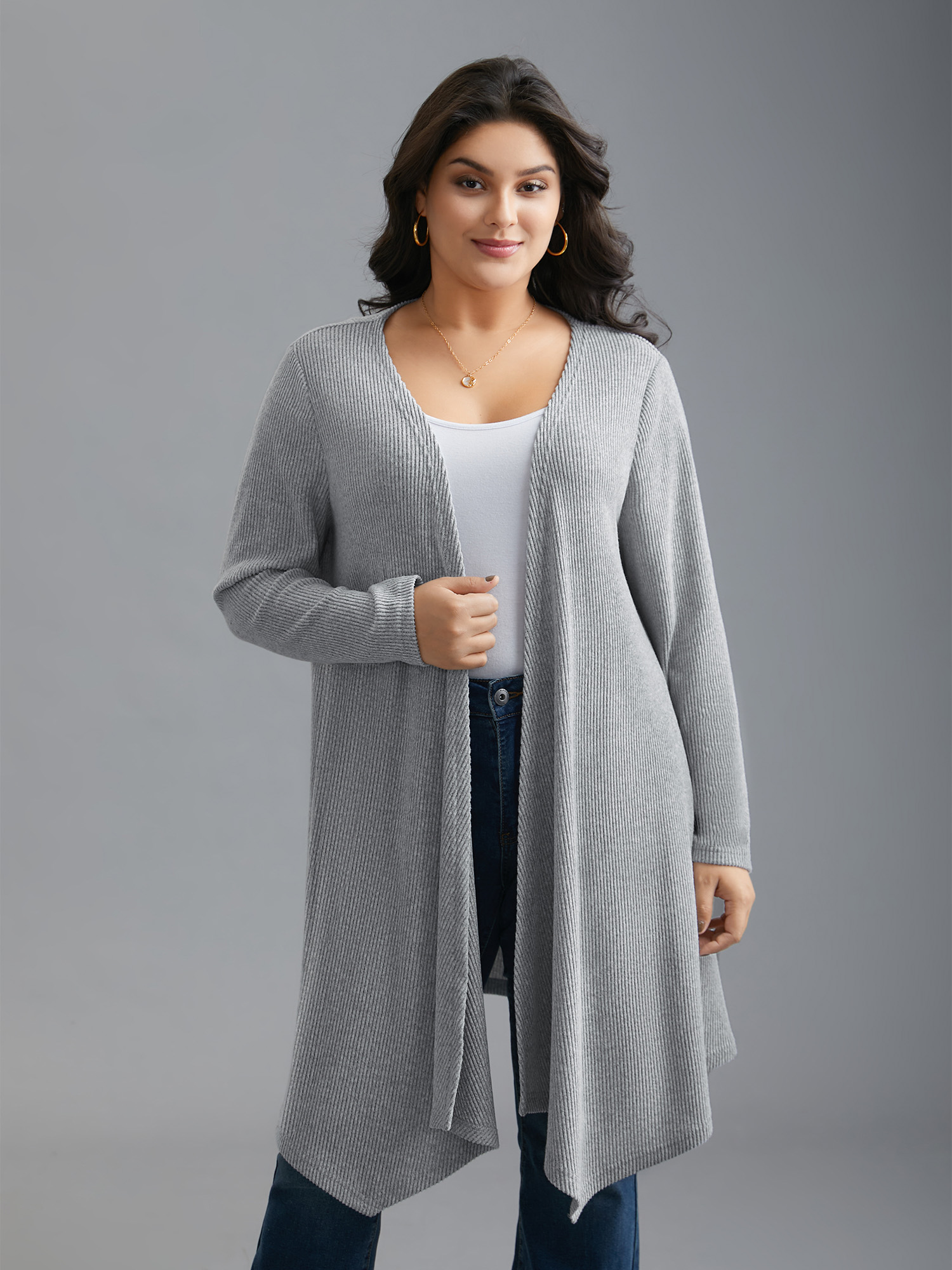 

Plus Size Plain Pit Strip Asymmetrical Hem Cardigan Women DarkGray Casual Asymmetrical Loose Everyday Kimonos BloomChic