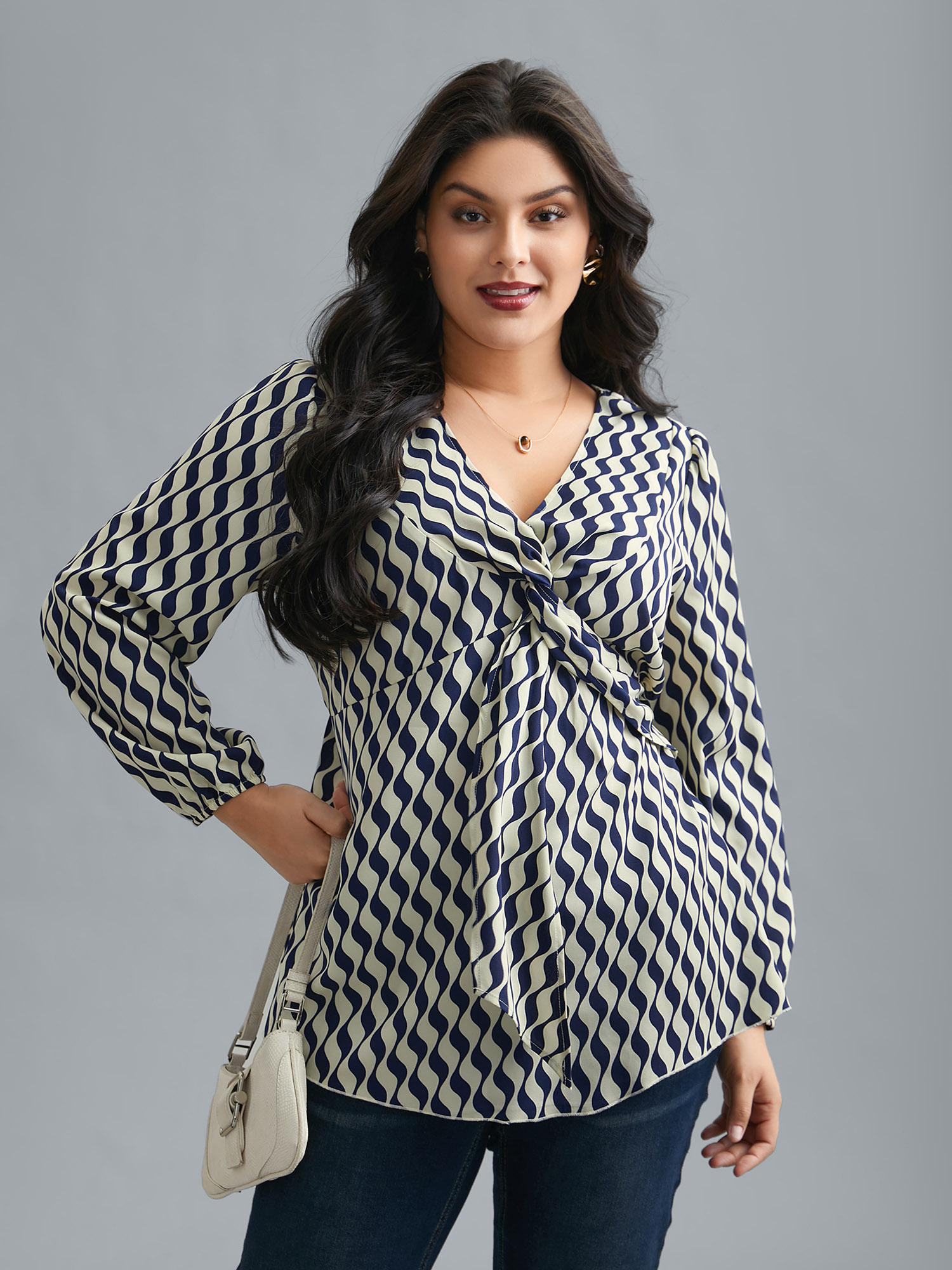 

Plus Size Indigo Geometric Print Twist Front Blouse Women At the Office Extra Long Sleeve V-neck Work Blouses BloomChic