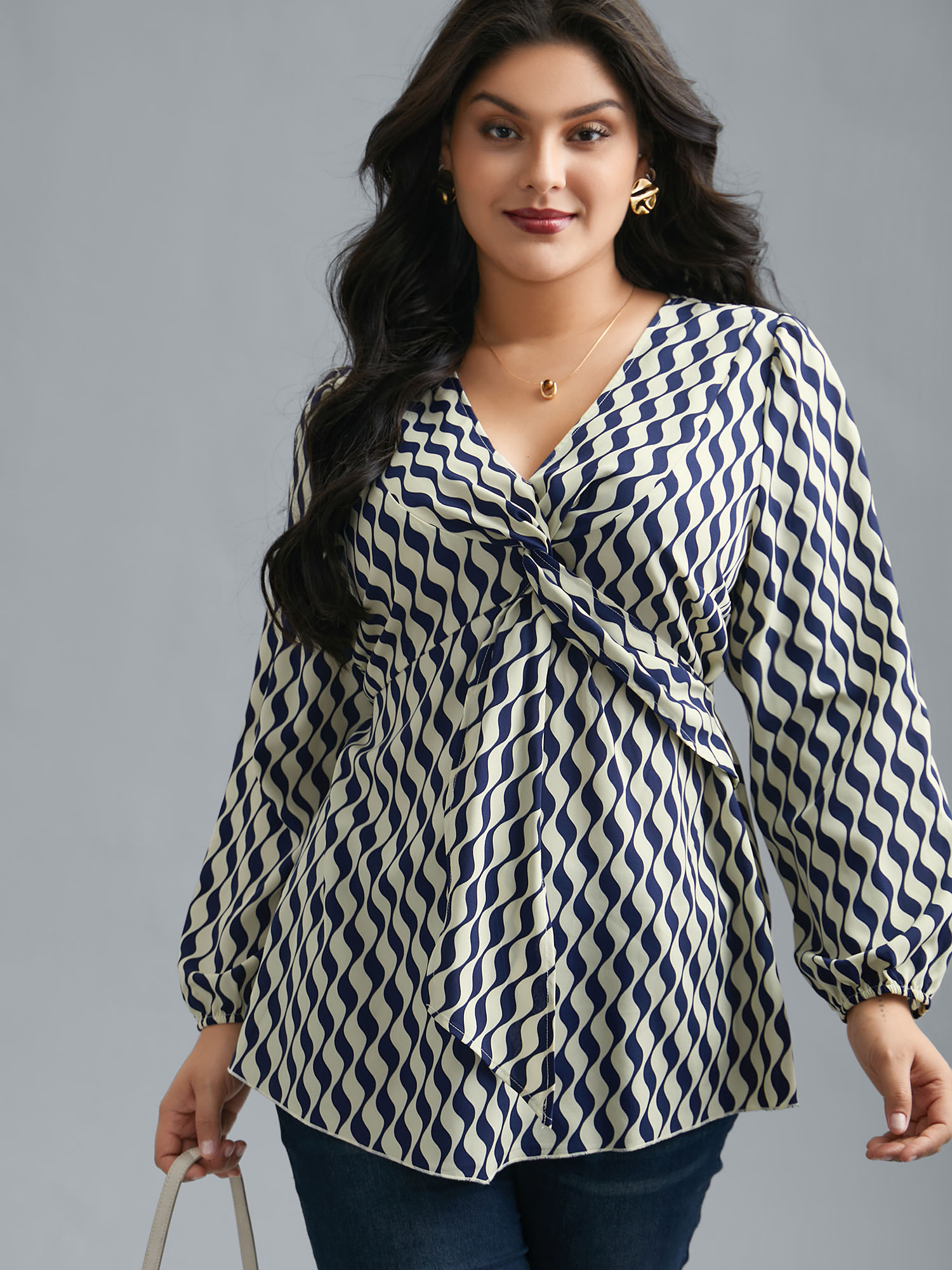 

Plus Size Indigo Geometric Print Twist Front Blouse Women At the Office Extra Long Sleeve V-neck Work Blouses BloomChic