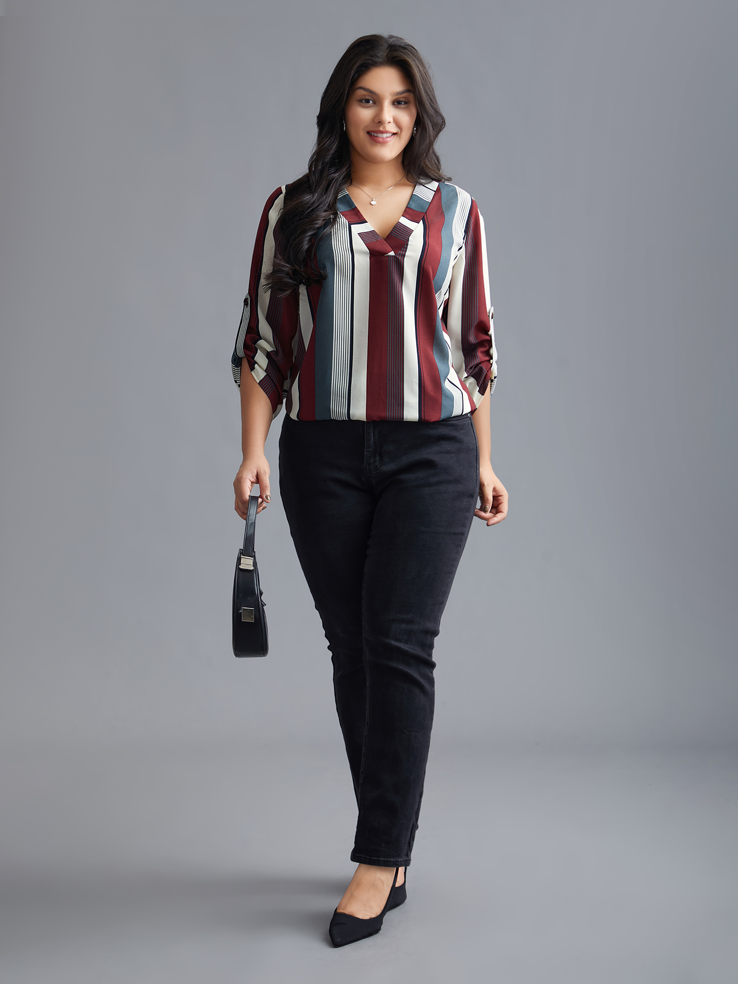 Plus Size Multicolor Vertical Striped V-Neck Tab Sleeve Blouse Women At the Office Elbow-length sleeve V-neck Work Blouses BloomChic 12/L 