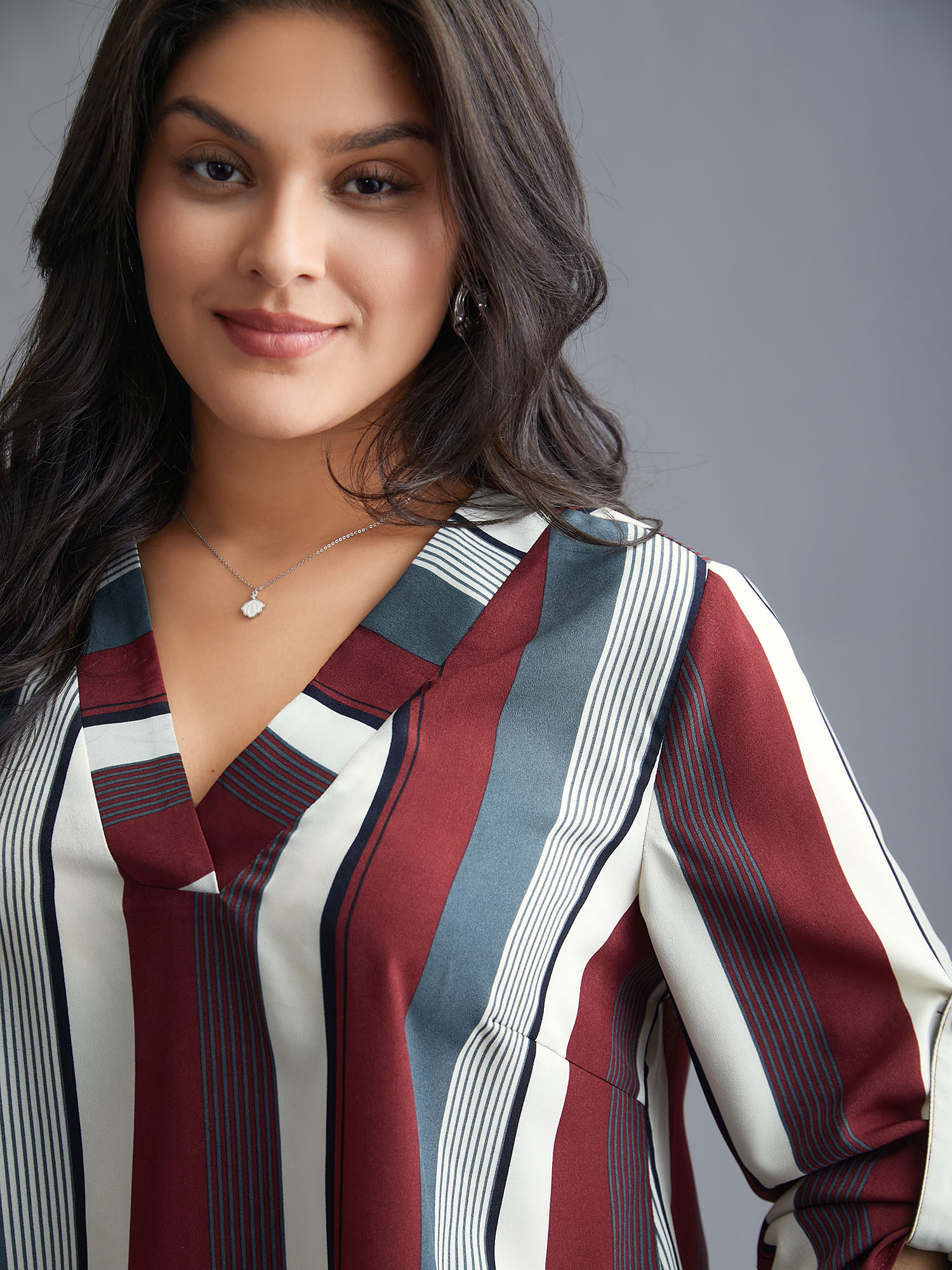 Plus Size Multicolor Vertical Striped V-Neck Tab Sleeve Blouse Women At the Office Elbow-length sleeve V-neck Work Blouses BloomChic 12/L 