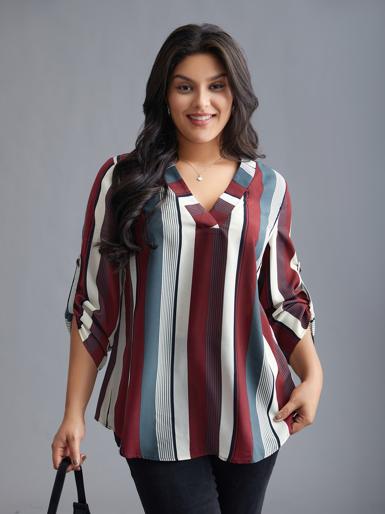 Plus Size Multicolor Vertical Striped V-Neck Tab Sleeve Blouse Women At the Office Elbow-length sleeve V-neck Work Blouses BloomChic 12/L 