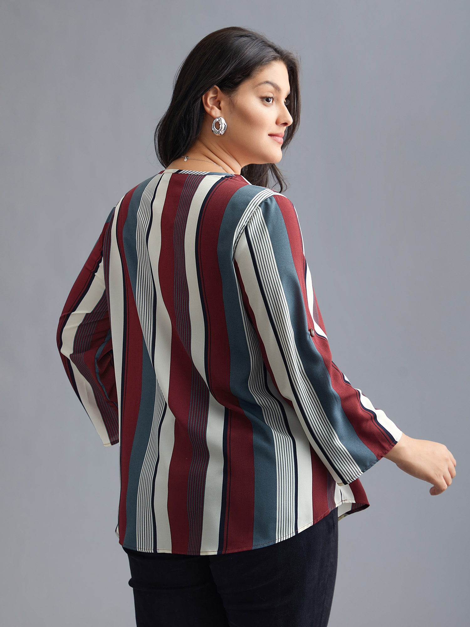 Plus Size Multicolor Vertical Striped V-Neck Tab Sleeve Blouse Women At the Office Elbow-length sleeve V-neck Work Blouses BloomChic 12/L 