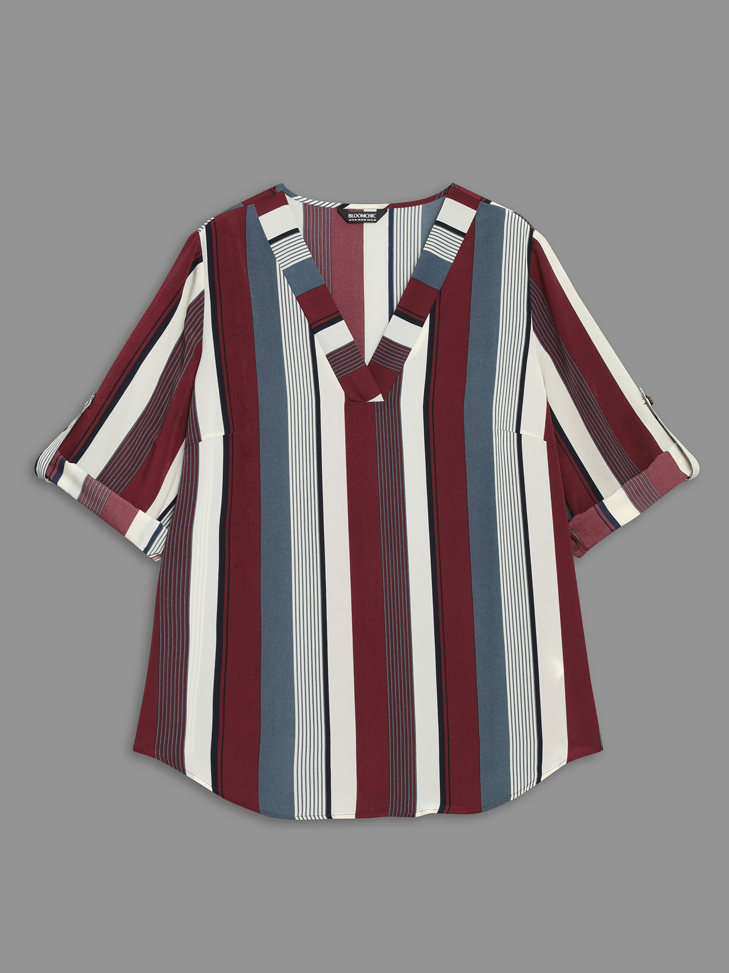 Plus Size Multicolor Vertical Striped V-Neck Tab Sleeve Blouse Women At the Office Elbow-length sleeve V-neck Work Blouses BloomChic 12/L 
