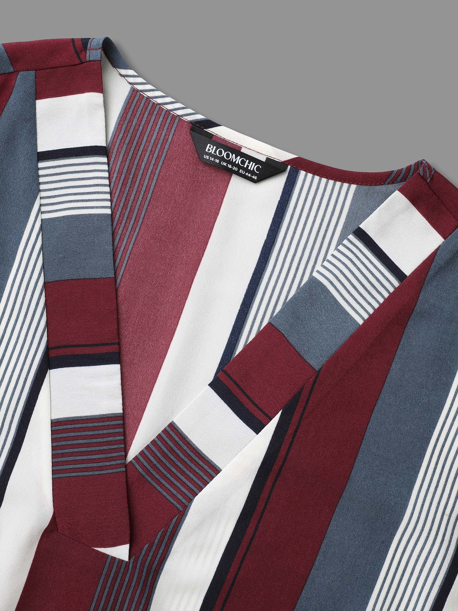 Plus Size Multicolor Vertical Striped V-Neck Tab Sleeve Blouse Women At the Office Elbow-length sleeve V-neck Work Blouses BloomChic 12/L 