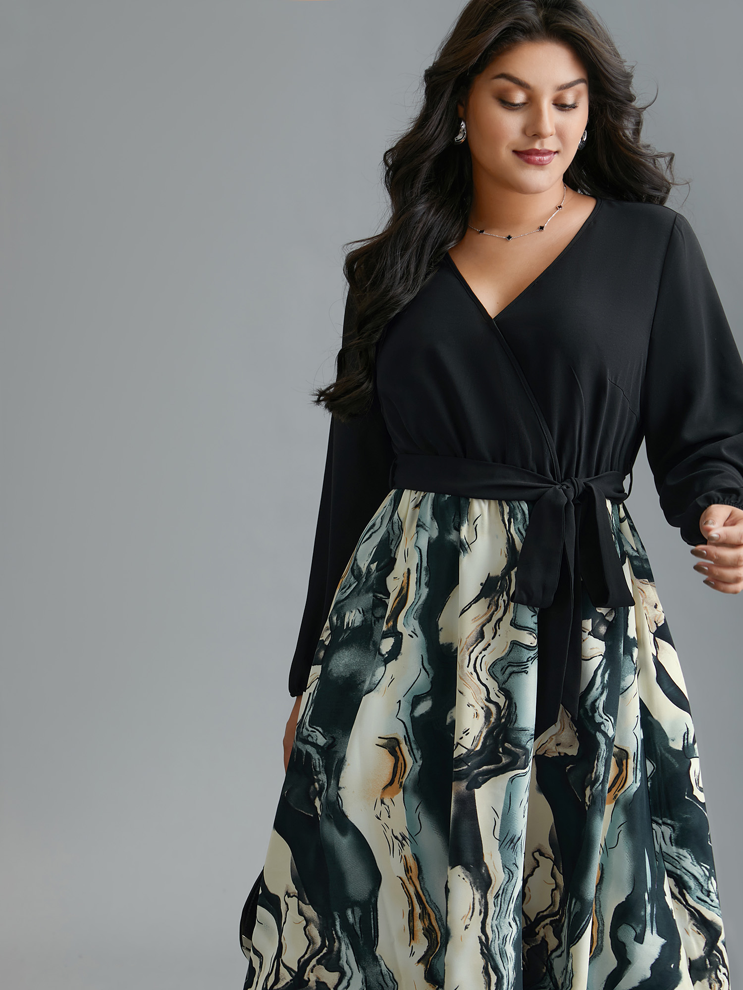 

Plus Size Surplice Neck Marble Print Belted Dress Black Women At the Office Belted Overlap Collar Long Sleeve Curvy BloomChic