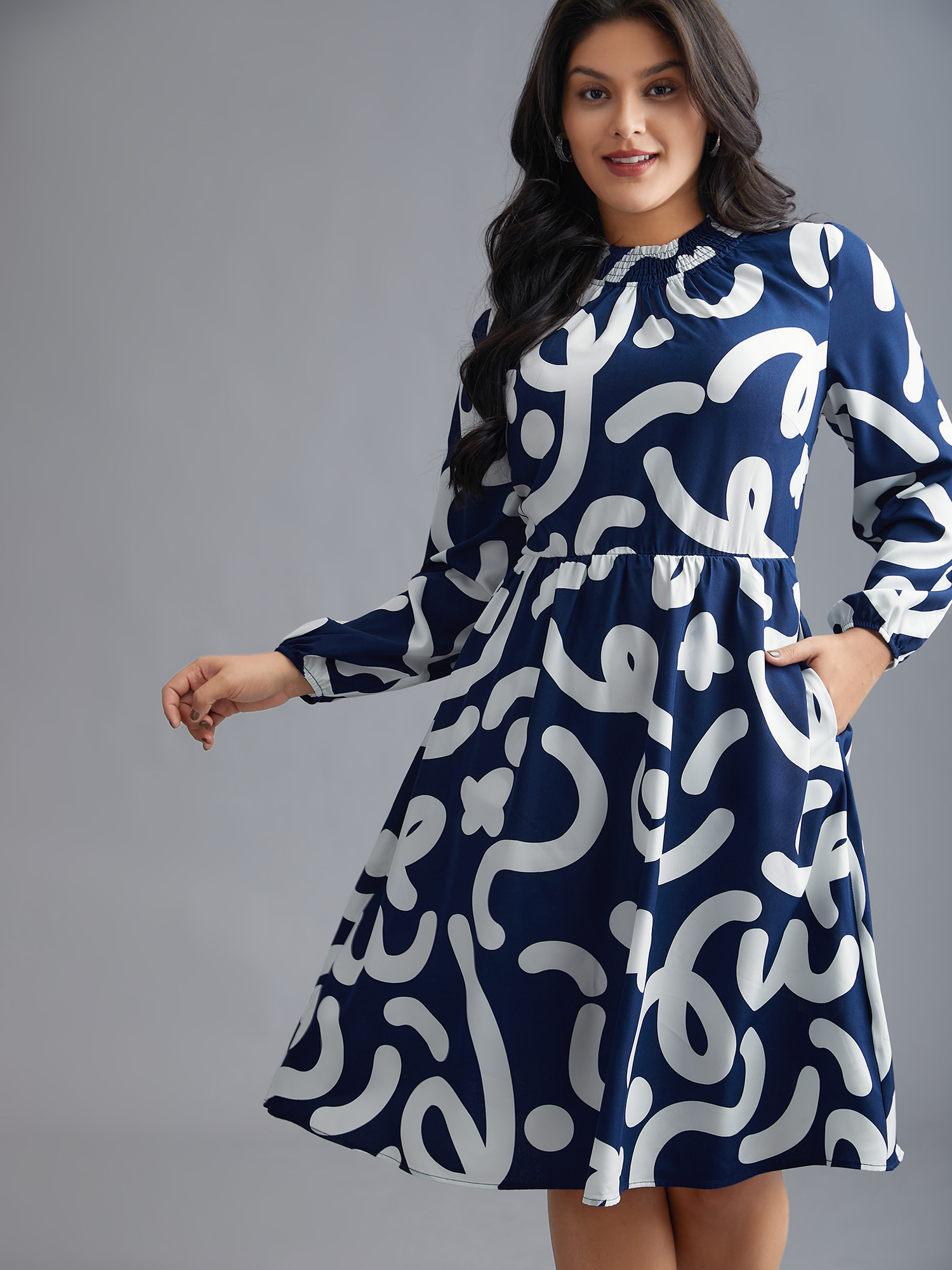 

Plus Size Geometric Print Shirred Pocket Dress DarkBlue Women Elegant Shirred Mock Neck Long Sleeve Curvy BloomChic