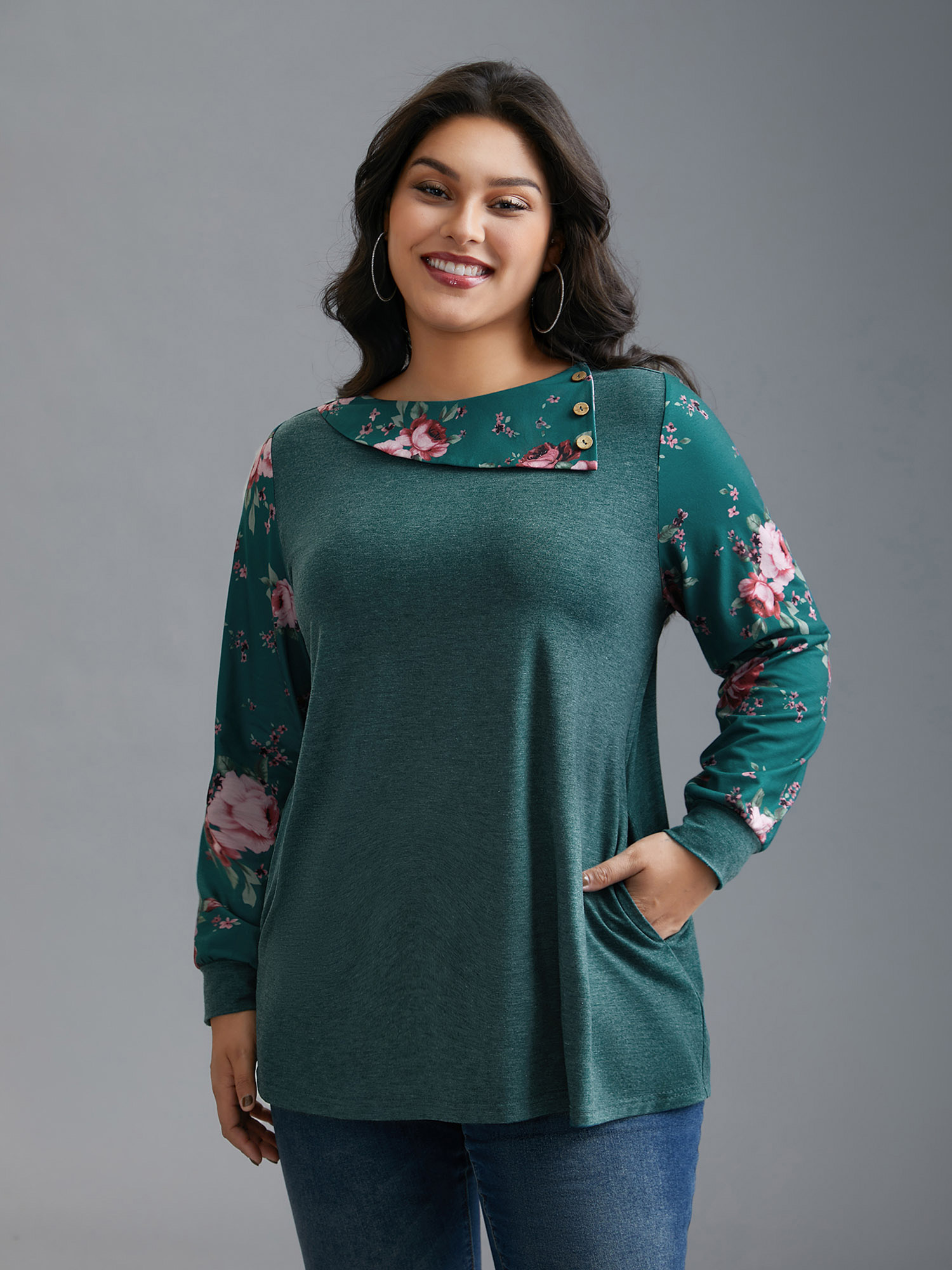 

Plus Size Floral Print Asymmetrical Neck T-shirt Cyan Women Casual Contrast Natural Flowers Asymmetrical Neck Everyday T-shirts BloomChic